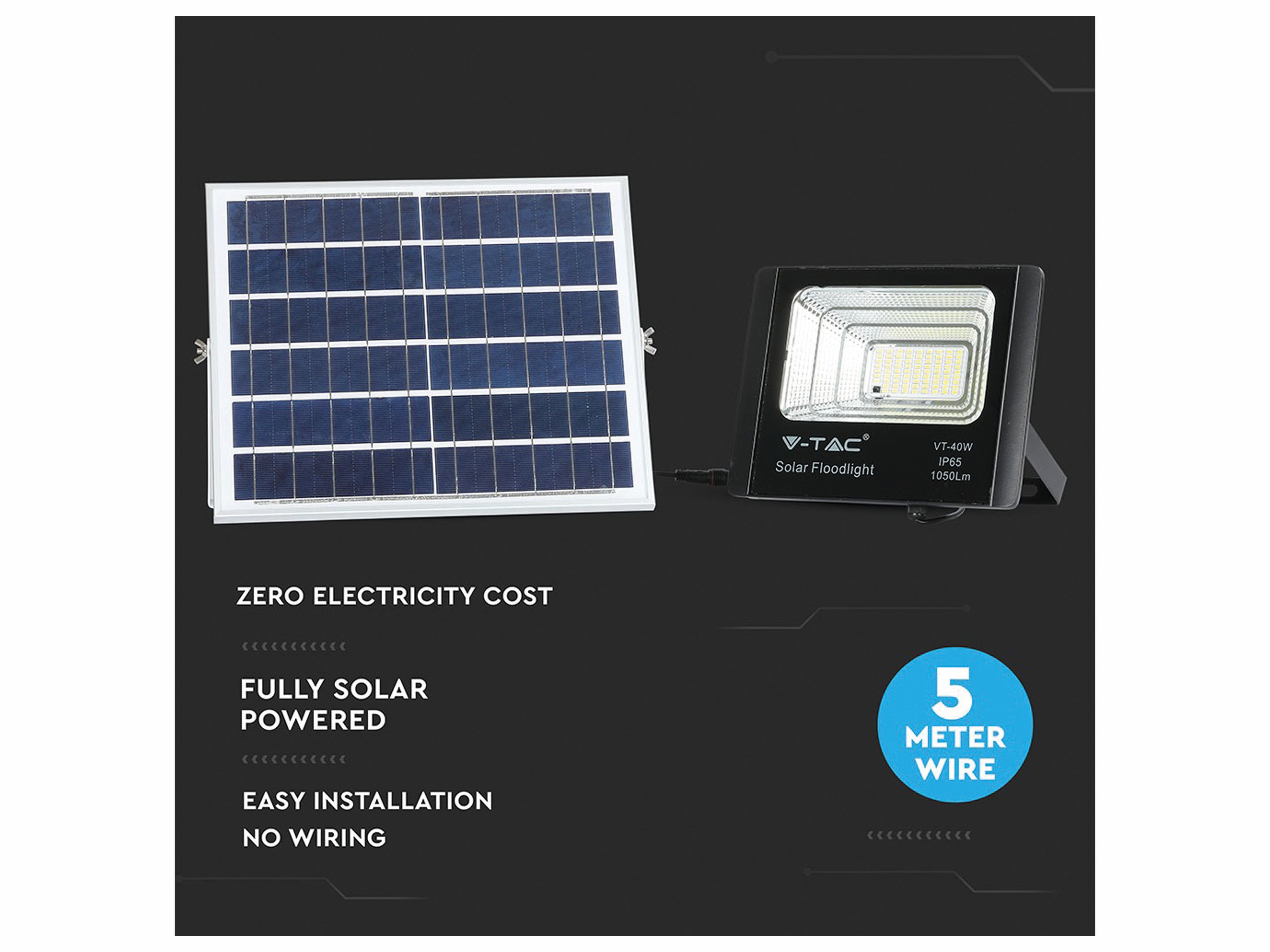 V-TAC Solar LED-Fluter VT-40 mit Fernbedienung, 16 W, 1050 lm, 4000 K, schwarz