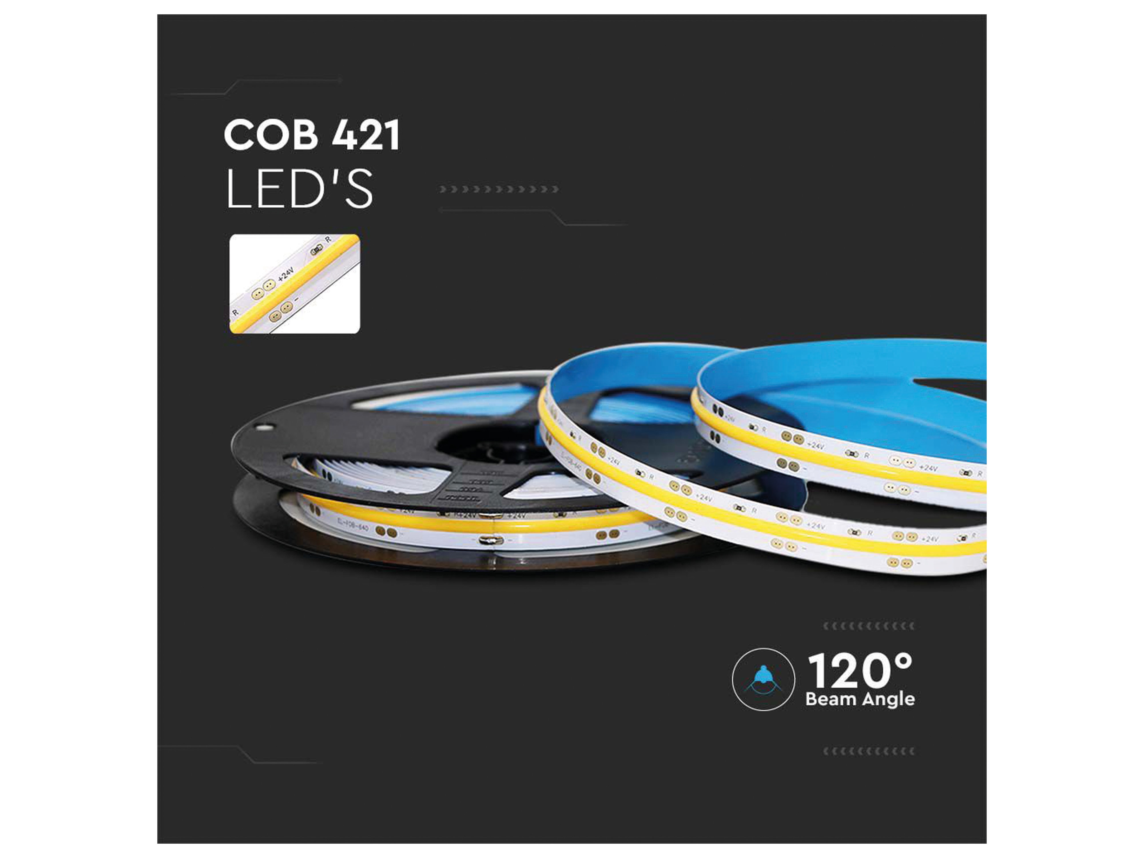V-TAC LED-Strip VT-COB 421, 2105 LEDs, EEK: F, 10 W, 24 V, 4800 lm, 3000 K, 5 m V-TAC LED-Strip VT-COB 421, 2105 LEDs, EEK: F, 10 W, 24 V, 4800 lm, 3000 K, 5 m
