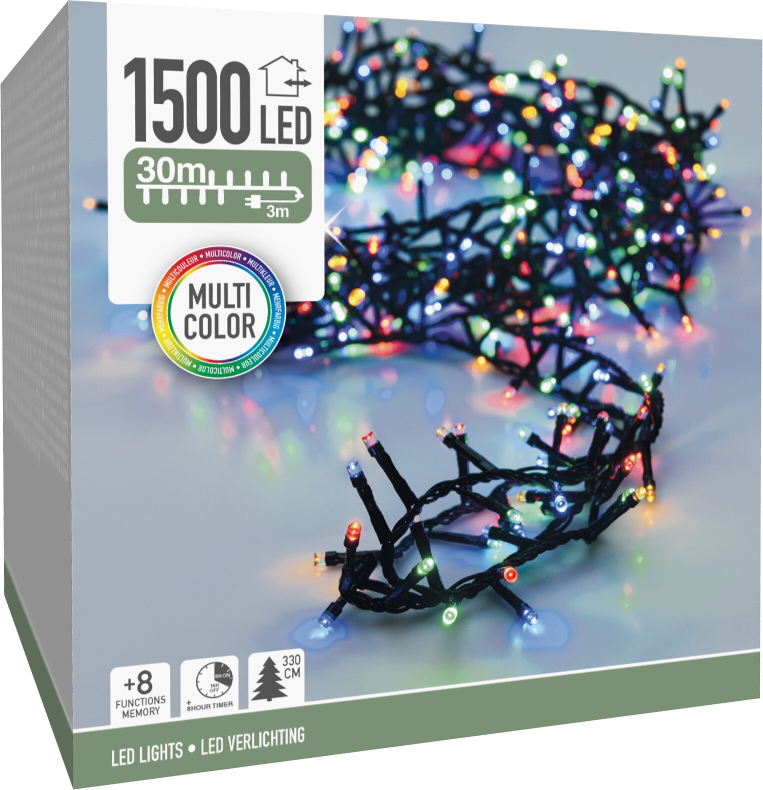LED-Clusterlichterkette, 1500 LEDs, bunt, 230 V~, grün, Innen/Außen, 33 m, Timer LED-Clusterlichterkette bunt, 1500 LEDs, Grünes Kabel, Innen/Außen, 30 m
