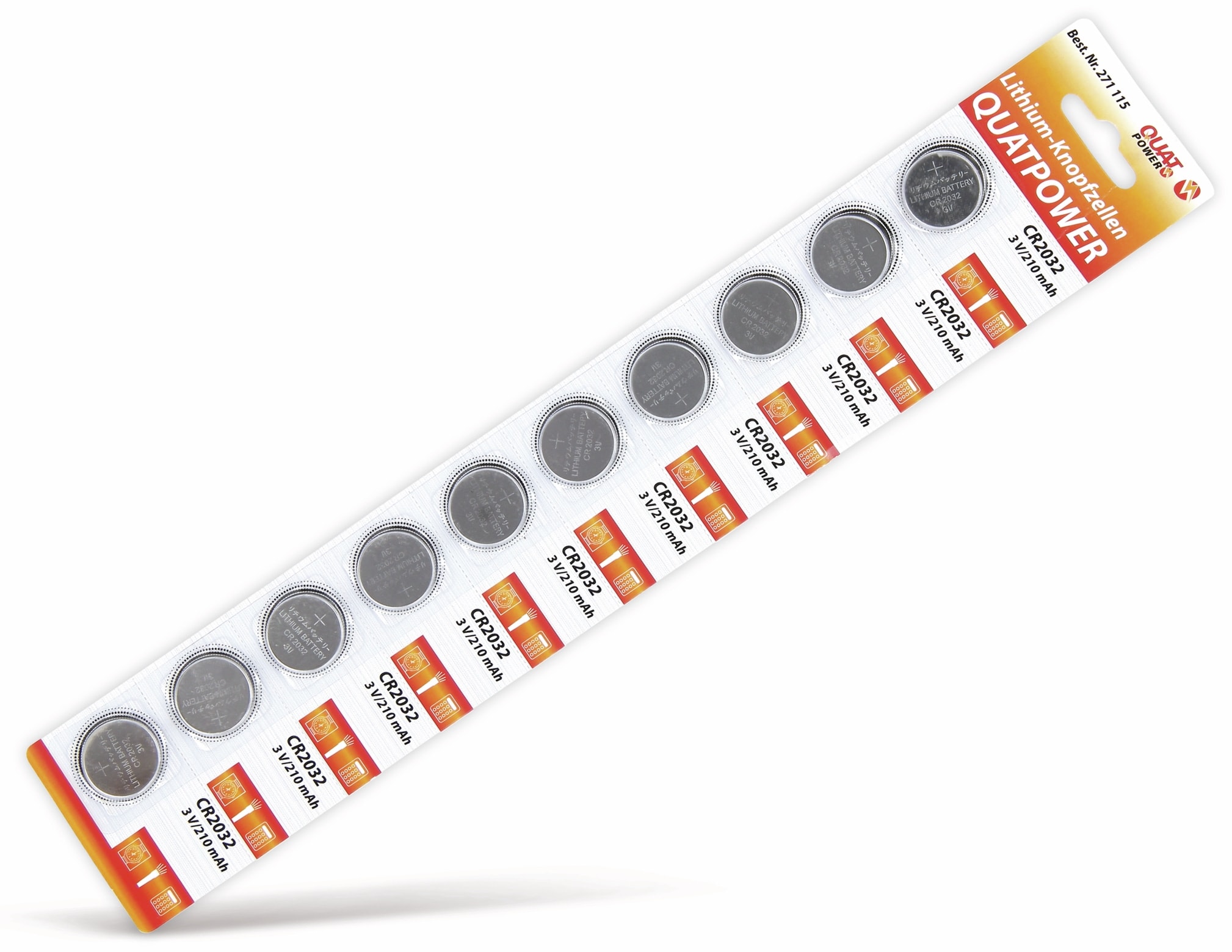 QUATPOWER Knopfzelle, CR2032, Lithium, 3 V, 210 mAh, 10 St. QUATPOWER Knopfzelle, CR2032, Lithium, 3 V, 210 mAh, 10 St.