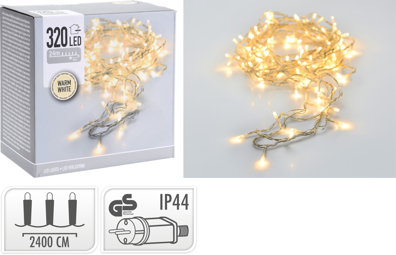 LED-Lichterkette, 320 LEDs, warmweiß, 230V~, IP44, Innen/Außen, silber/transparent