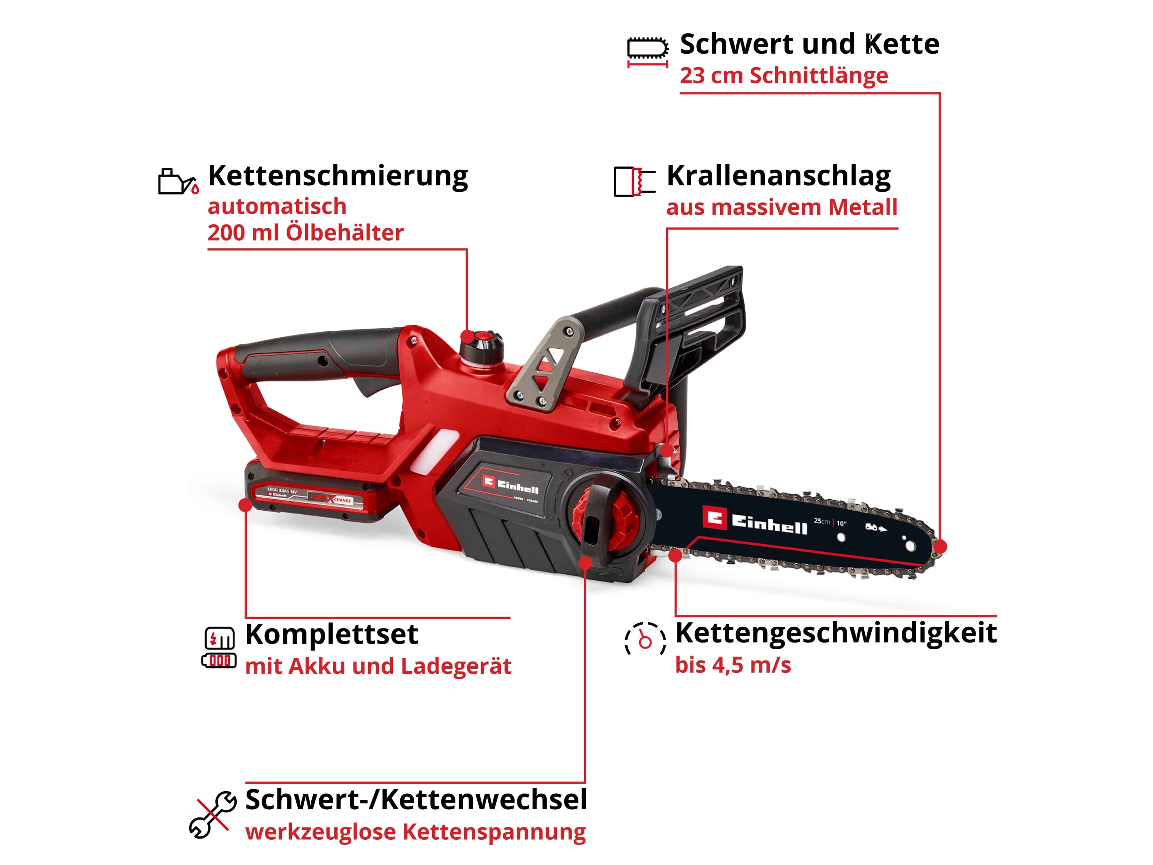 EINHELL Akku-Kettensäge 4501760, GE-LC 18 Li Kit, 3 Ah