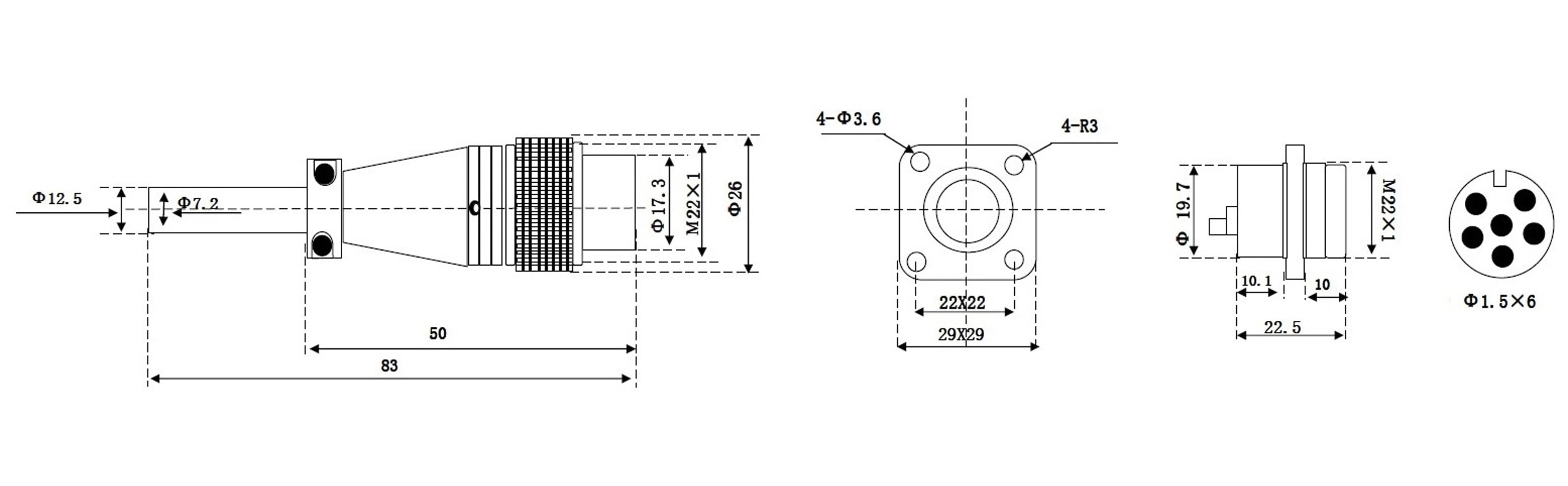 Einbaustecker-Set, 6-pol., Ø 20 mm, mit Schraubverschluss und Schutzkappe Einbaustecker-Set, 6-pol., Ø 20 mm, mit Schraubverschluss und Schutzkappe