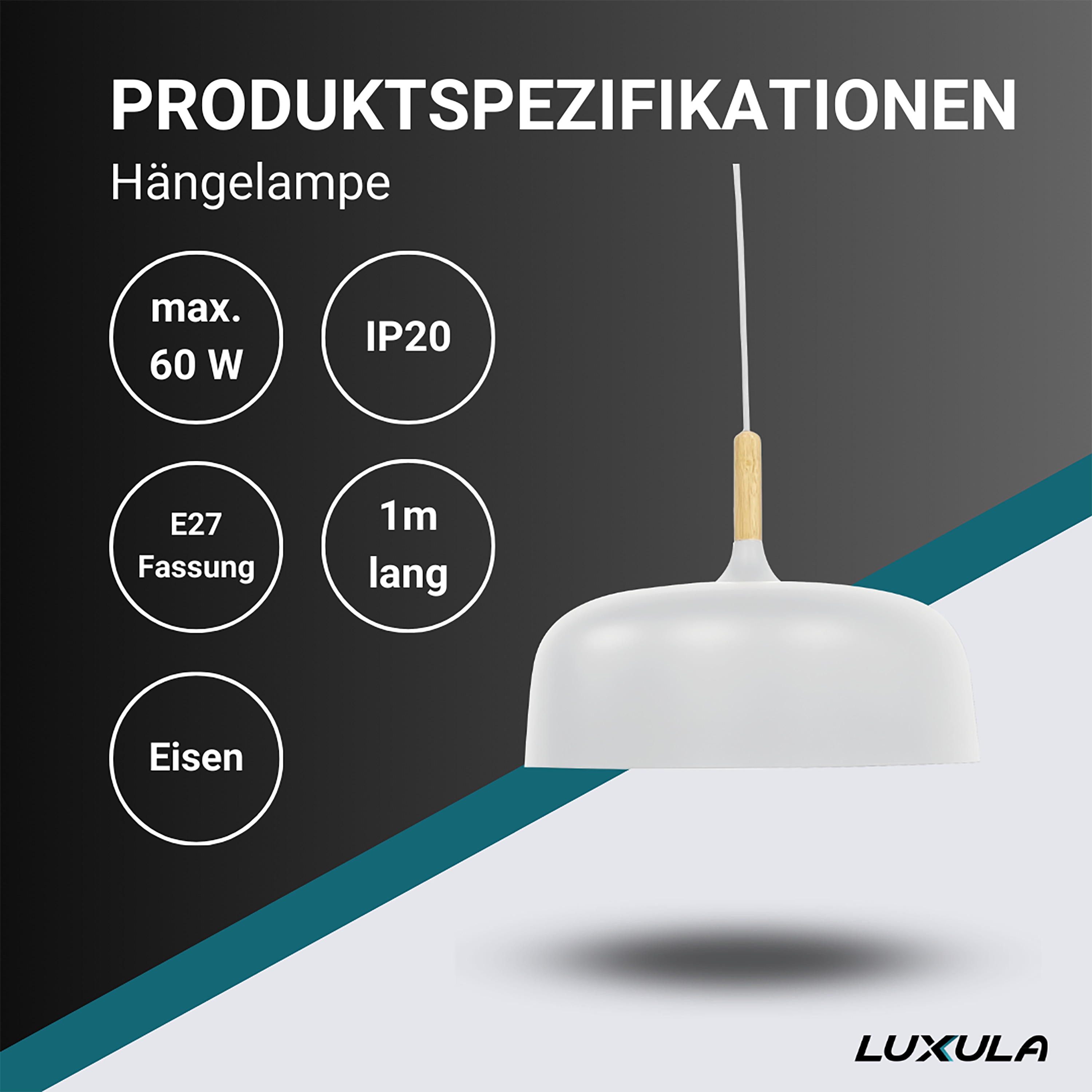 LUXULA LED-Hängeleuchte LX700173, E27-Fassung, IP20, Ø30 cm, weiß, rund