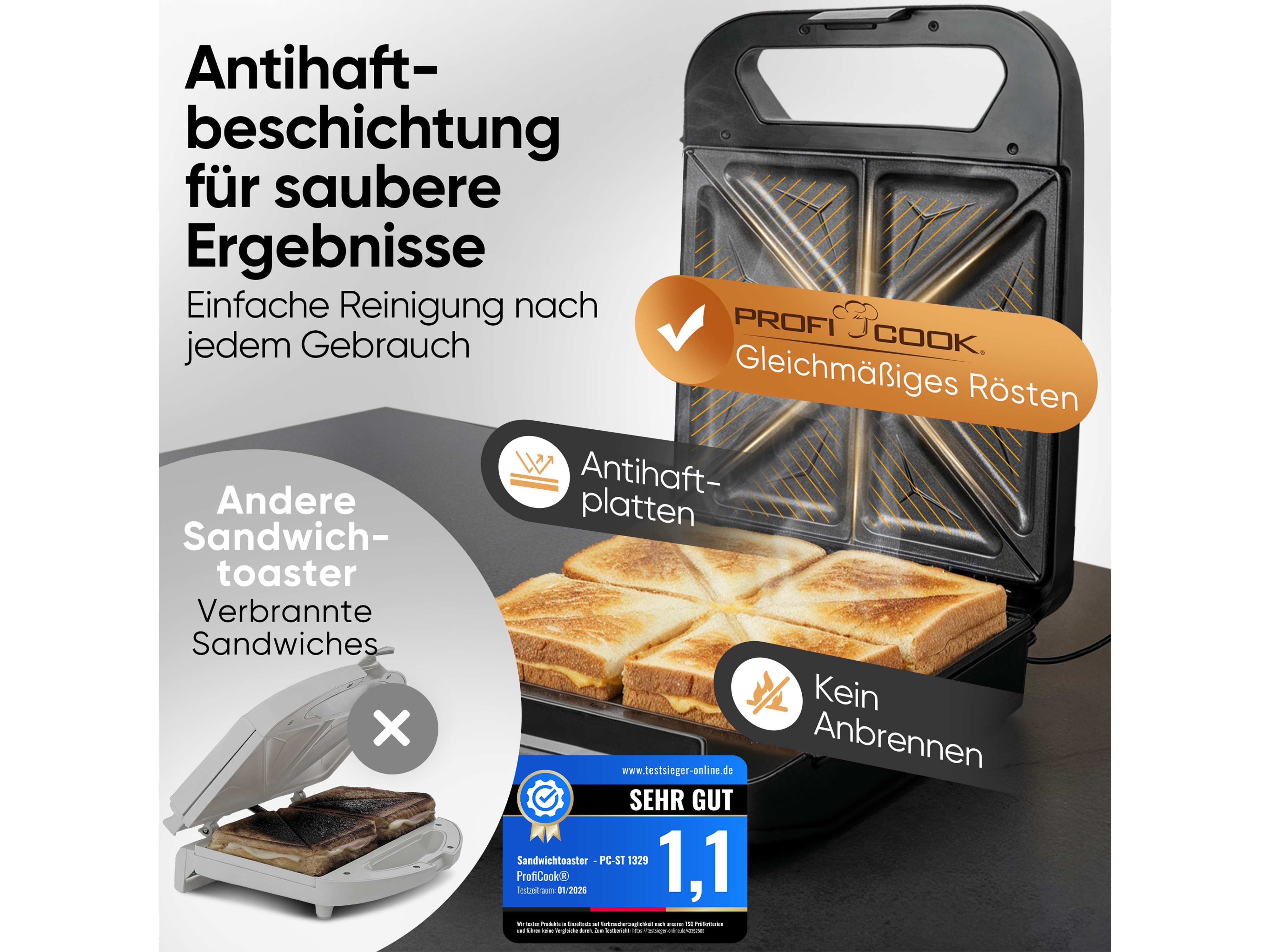 PROFICOOK Sandwichmaker PC-ST 1329, 4 Sandwiches, antihaftbeschichtet, 1600W