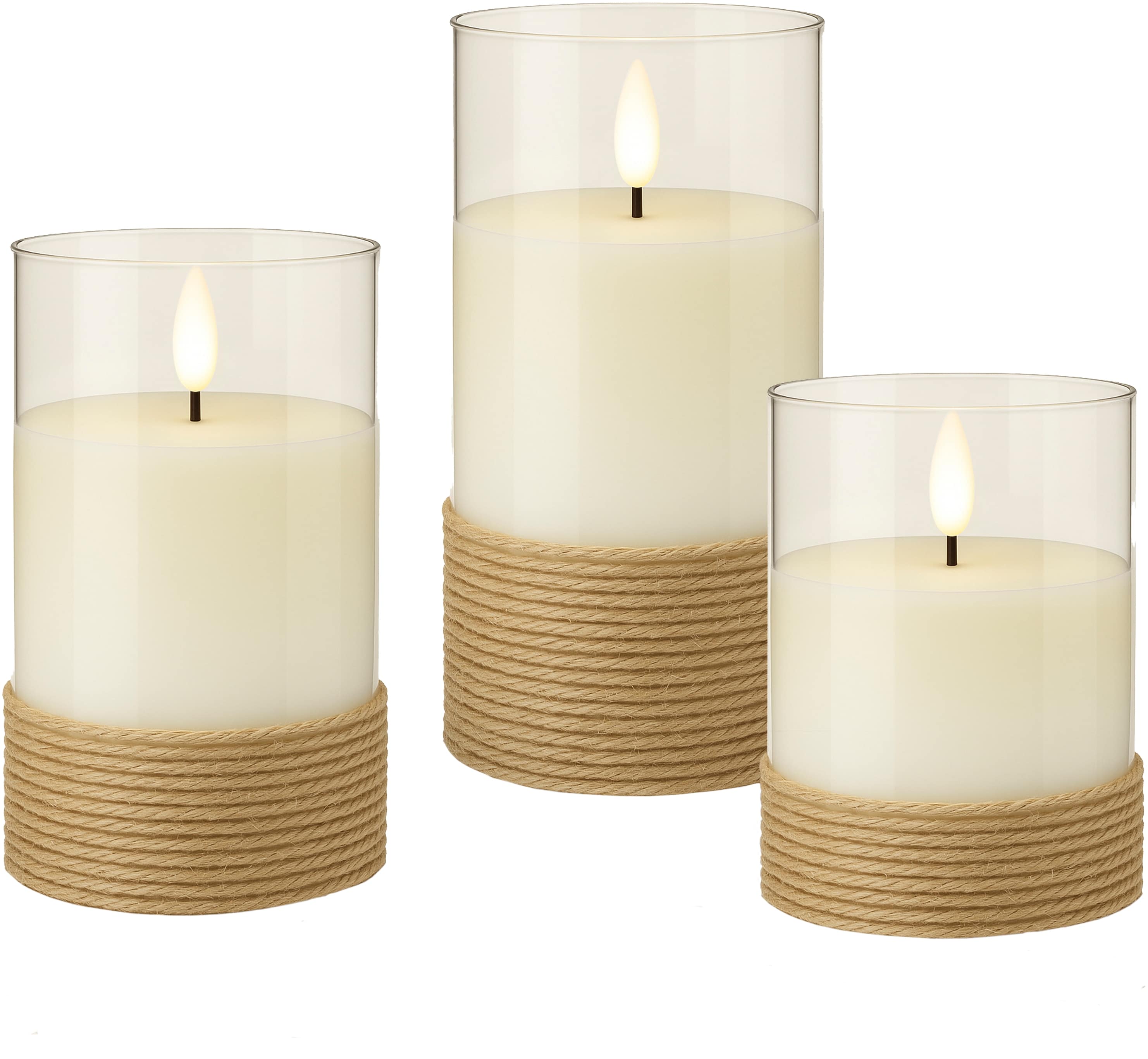 GOOBAY LED-Echtwachskerzen, Glas, Timerfunktion, 3 Stück, warmweiß, mit Hanfschnur umwickelt GOOBAY LED-Echtwachskerzen, Glas, Timerfunktion, 3 Stück, warmweiß, mit Hanfschnur umwickelt