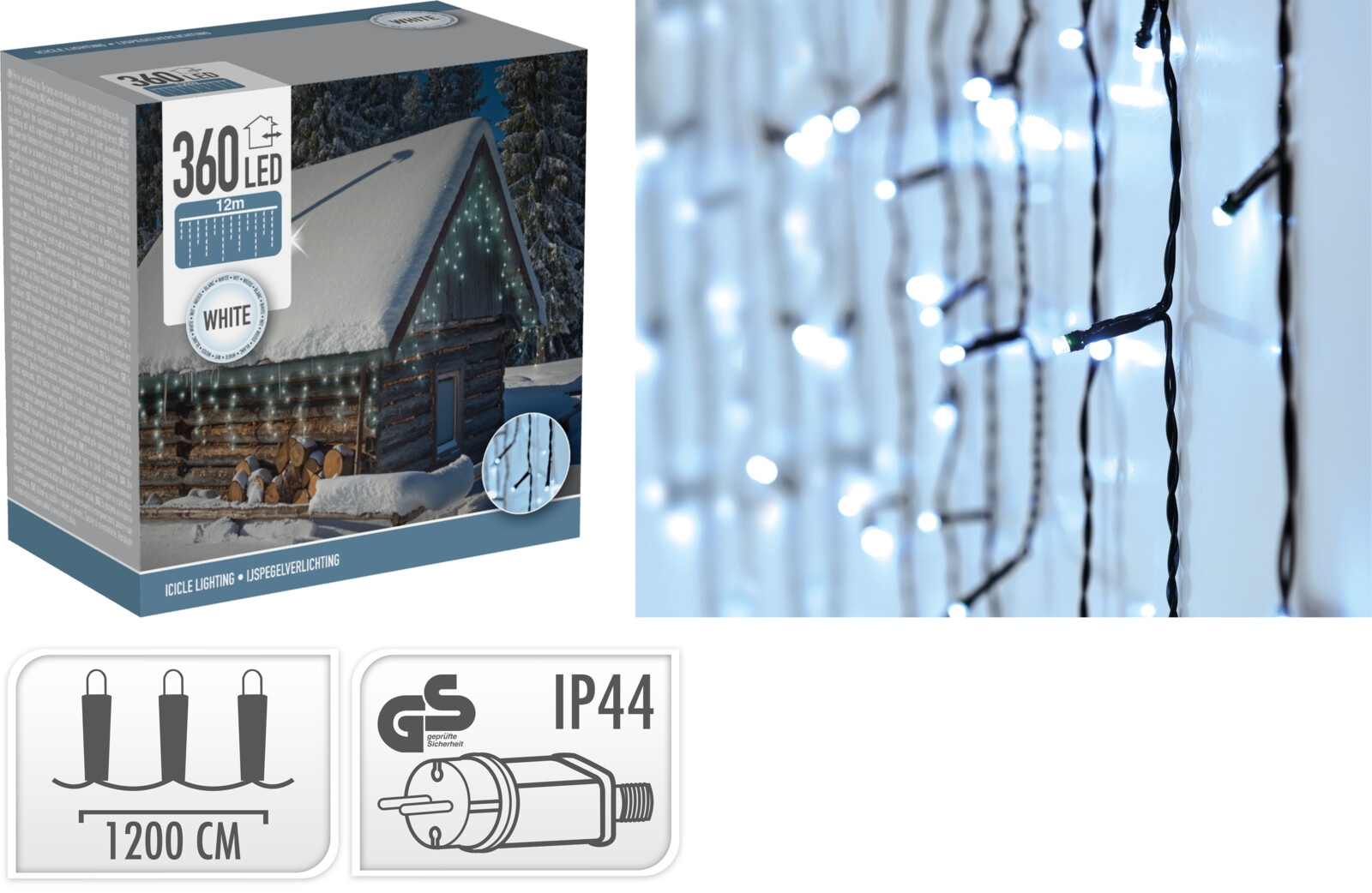 LED-Lichterkette Vorhang 360 LEDs, kaltweiß, IP44, 230 V~, 12 m, grün