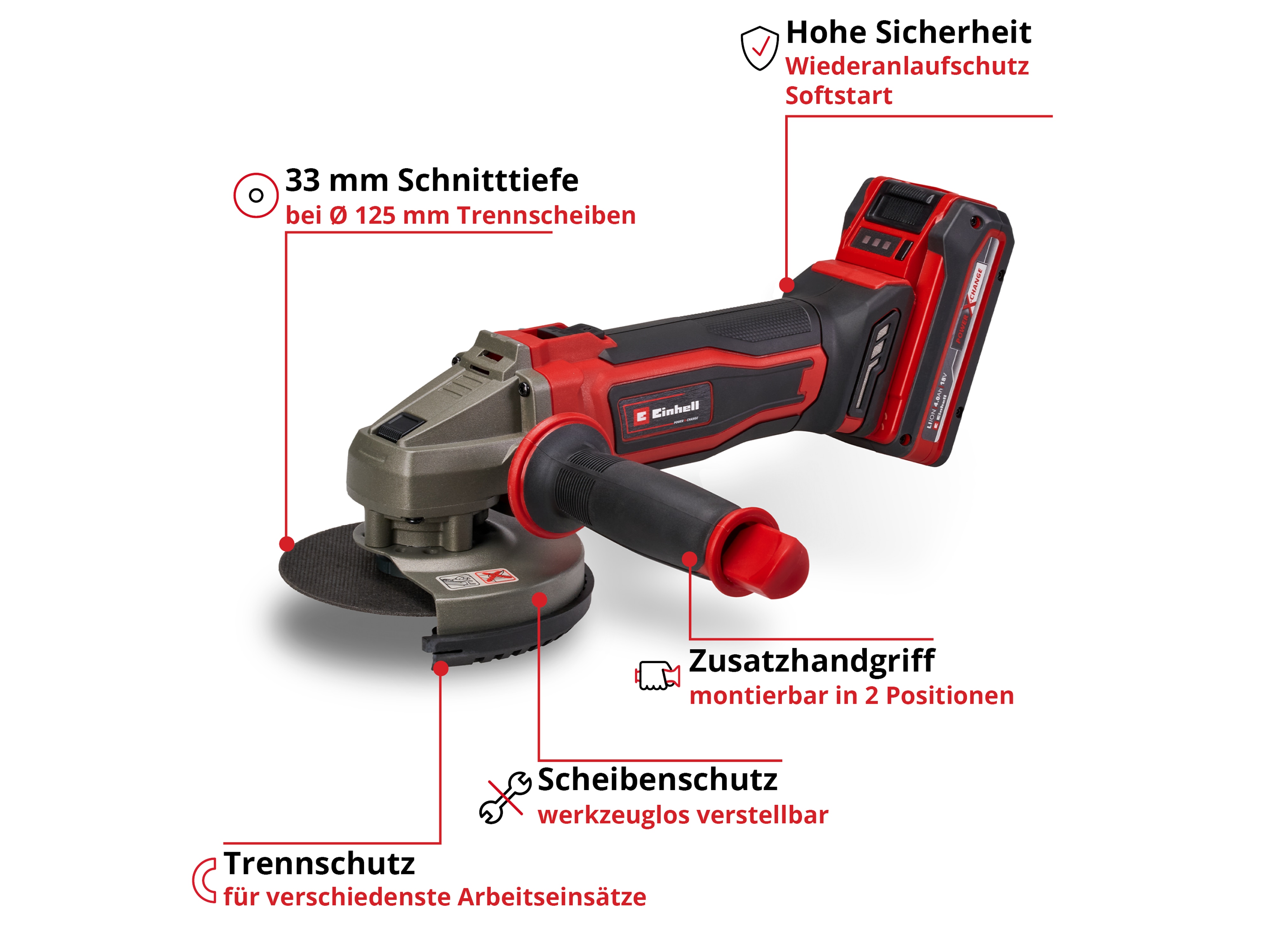 EINHELL Akku-Winkelschleifer TE-AG 18/125-2 Li, 4431190, 1x 4,0 Ah
