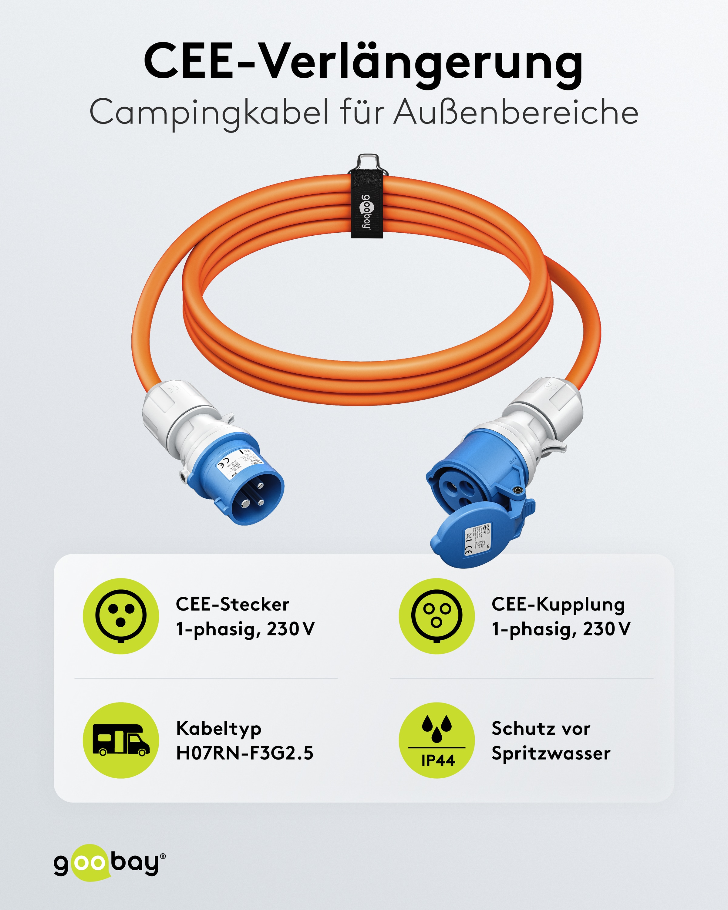 GOOBAY CEE-Verlängerung 76230, 25 m, 2,5mm², 16A/230V, orange