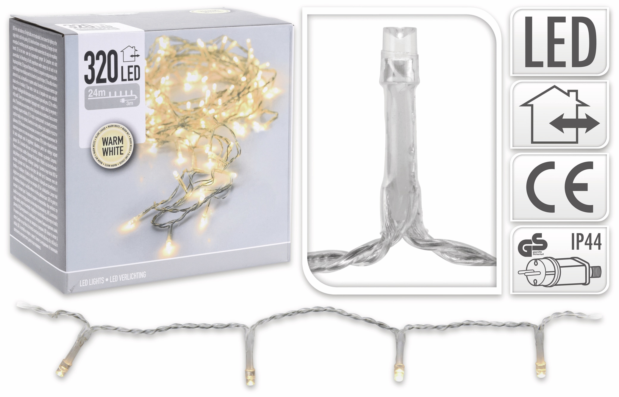 LED-Lichterkette, 320 LEDs, warmweiß, 230 V~, transparent, Innen/Außen, 27 m