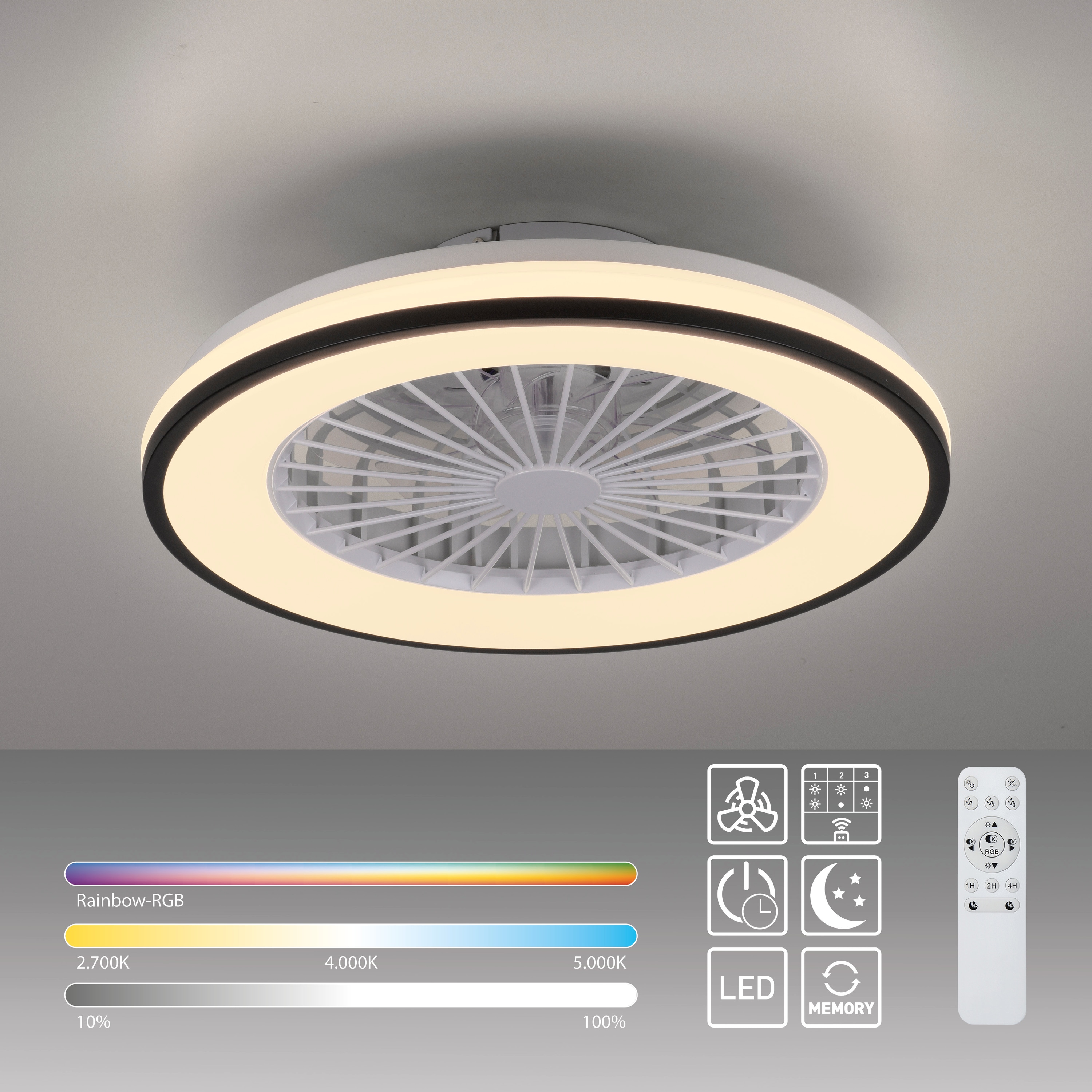 JUST LIGHT LED-Deckenleuchte 14447-18, Ventilator, 44W, 5400lm, CCT, RGB, IP20, schwarz/weiß