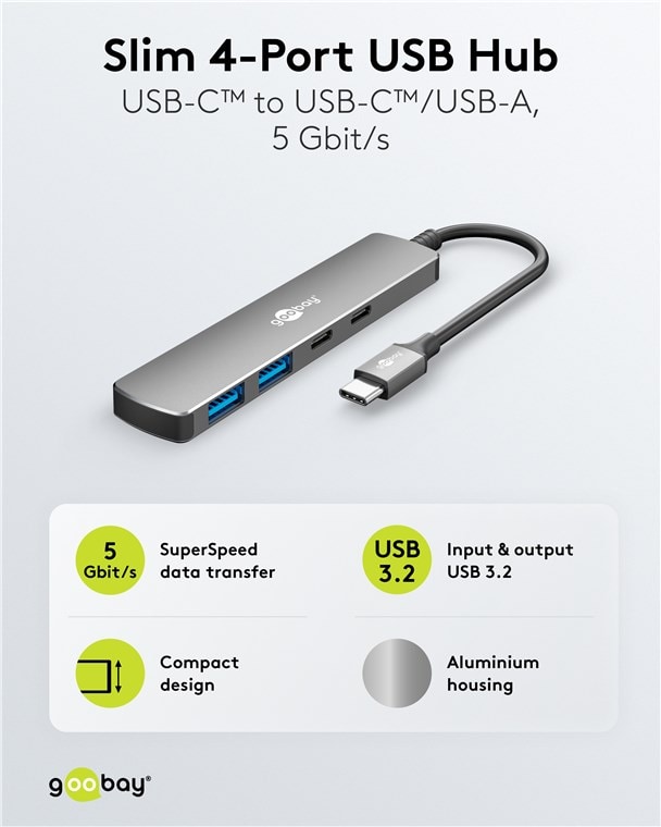 GOOBAY USB3.2 Hub 79159 Slim 4 Port USB-C auf USB-C/USB-A 5 Gbit/s