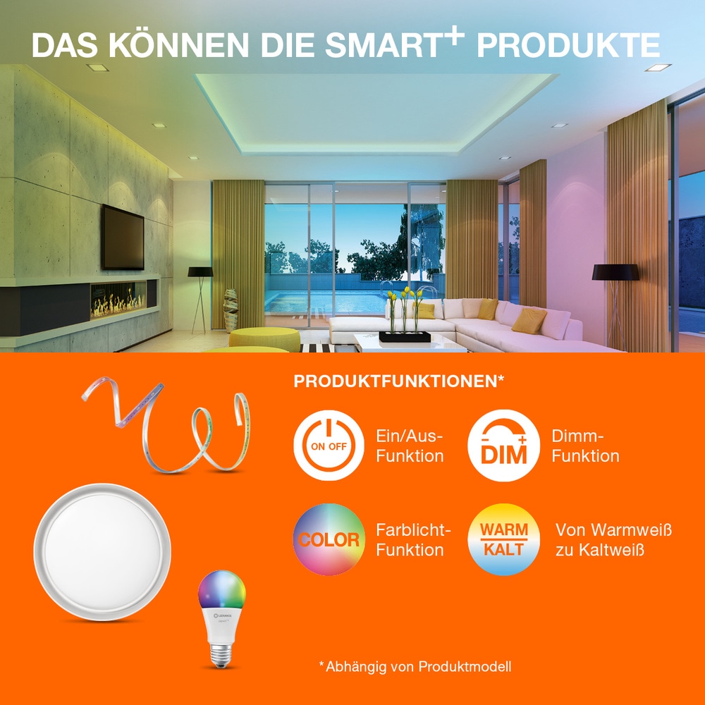LEDVANCE LED-Lampe SMART+ WiFi Classic, A60, E27, EEK: F, 9 W, 806 lm, 2700…6500 K+RGB, Smart, 2 St