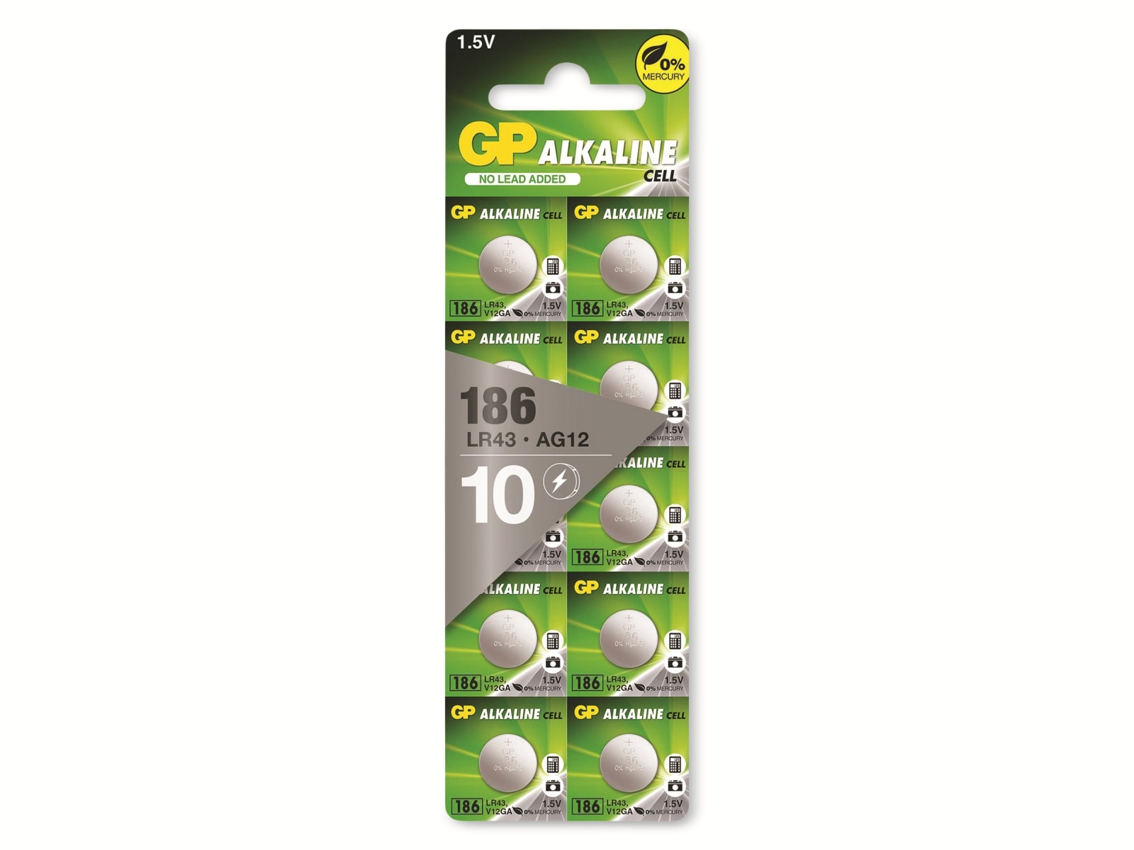 GP Alkaline-Knopfzelle LR43 V12GA, 1,5V, 10 Stück