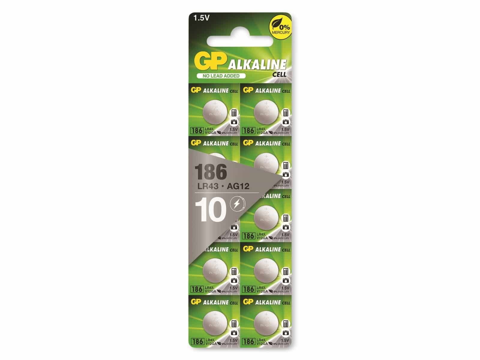 GP Alkaline-Knopfzelle LR43 V12GA, 1,5V, 10 Stück GP Alkaline-Knopfzelle LR43 V12GA, 1,5V, 10 Stück