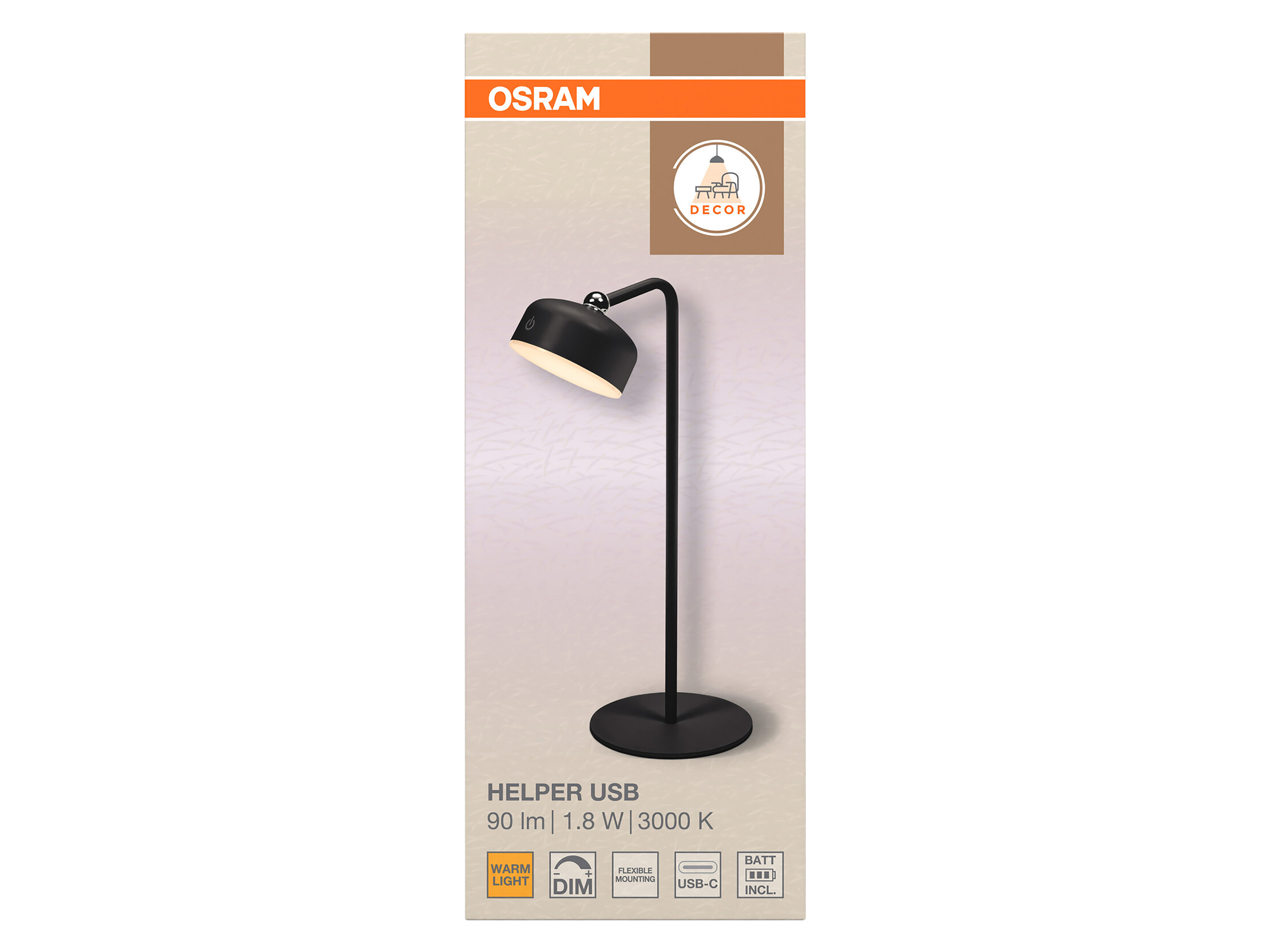 OSRAM LED-Tischleuchte, 1,8W, 3000K, 100lm, warmweiß, Dimmbar, IP20, schwarz