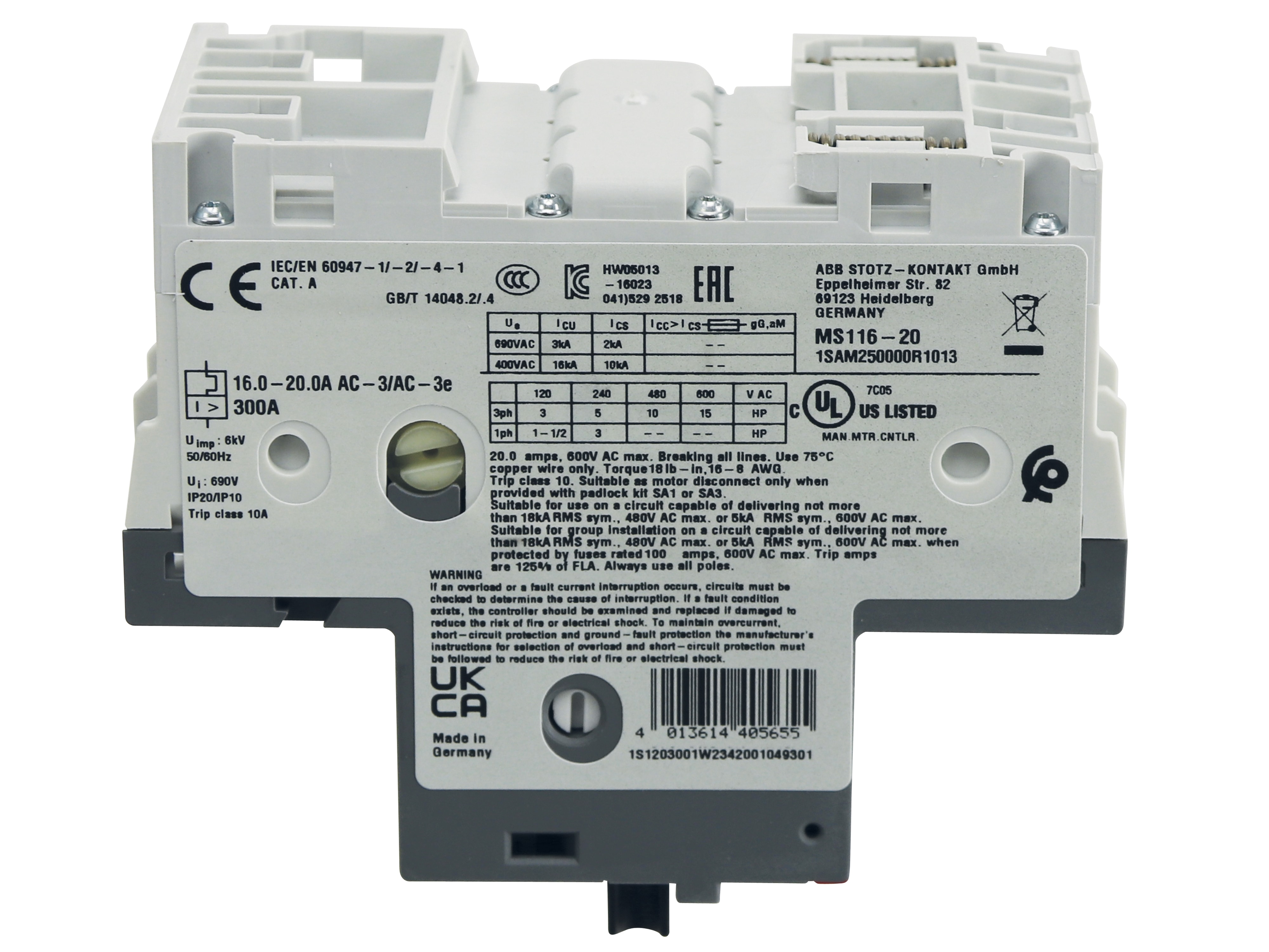 ABB Motorschutzschalter MS116-20, Auslöseklasse 10 A, 16...20 A