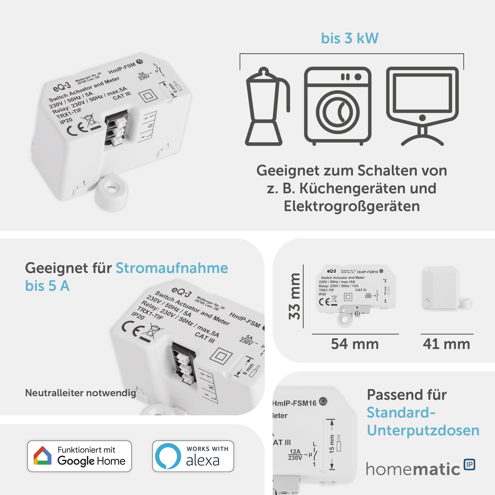 HOMEMATIC IP Smart Home 150239A0 Schalt-Mess-Aktor, 16A, Unterputz
