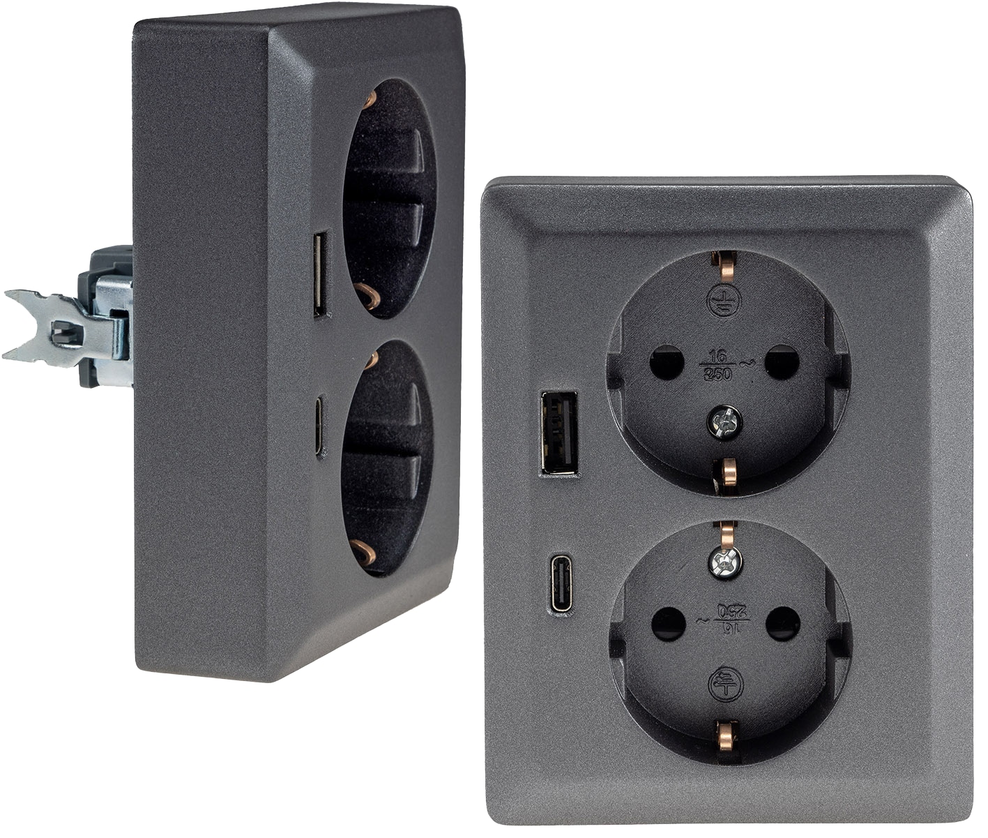 MILOS Schutzkontakt-Steckdose 23719, 2-fach, 2in1, USB-A+C/PD, 16A/250V, anthrazit MILOS Schutzkontakt-Steckdose 23719, 2-fach, 2in1, USB-A+C/PD, 16A/250V, anthrazit