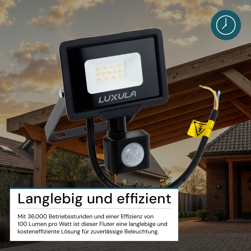 LUXULA LED-Fluter mit Bewegungsmelder, EEK: F, 10W, 1000lm, 4000K, schwarz