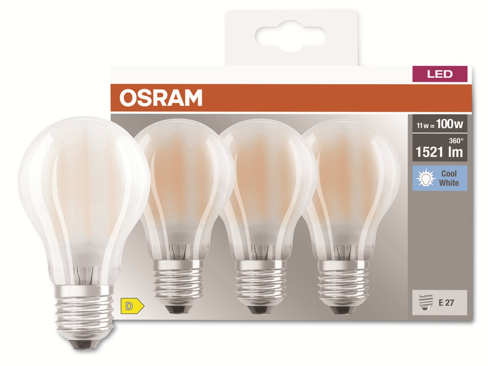 OSRAM LED-Filament-Lampe, CLA100, matt, E27, EEK: D, 11W, 1521lm, 4000K, 3 Stk OSRAM LED-Filament-Lampe, CLA100, matt, E27, EEK: D, 11W, 1521lm, 4000K, 3 Stk