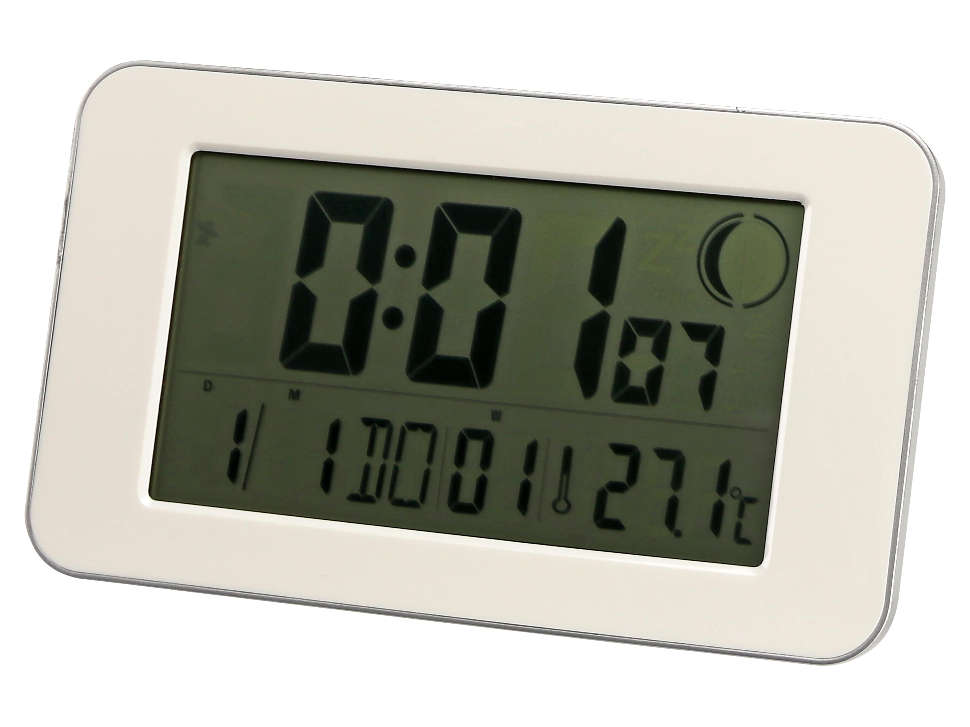 Digitale Funkuhr, Datumsanzeige, Wecker, Temperaturanzeige, Weiß