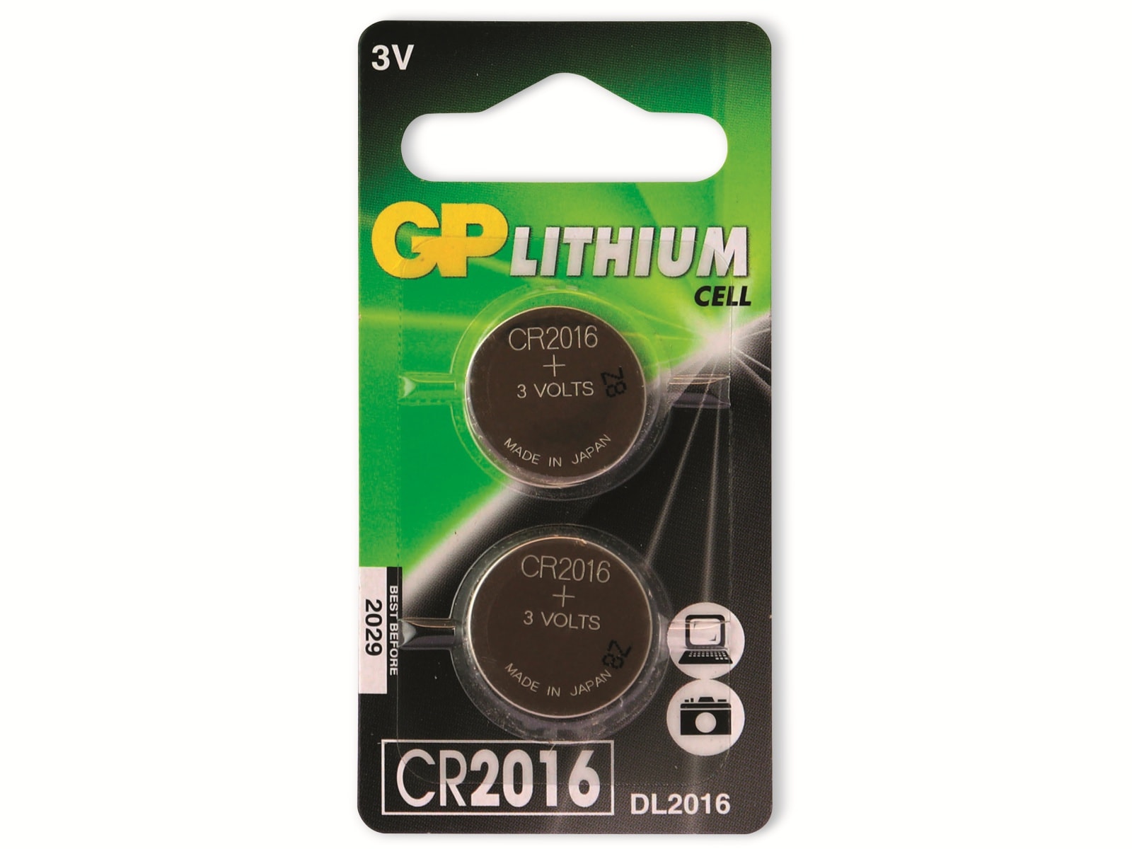 GP Knopfzelle, CR2016, Lithium, 3 V, 2 St.