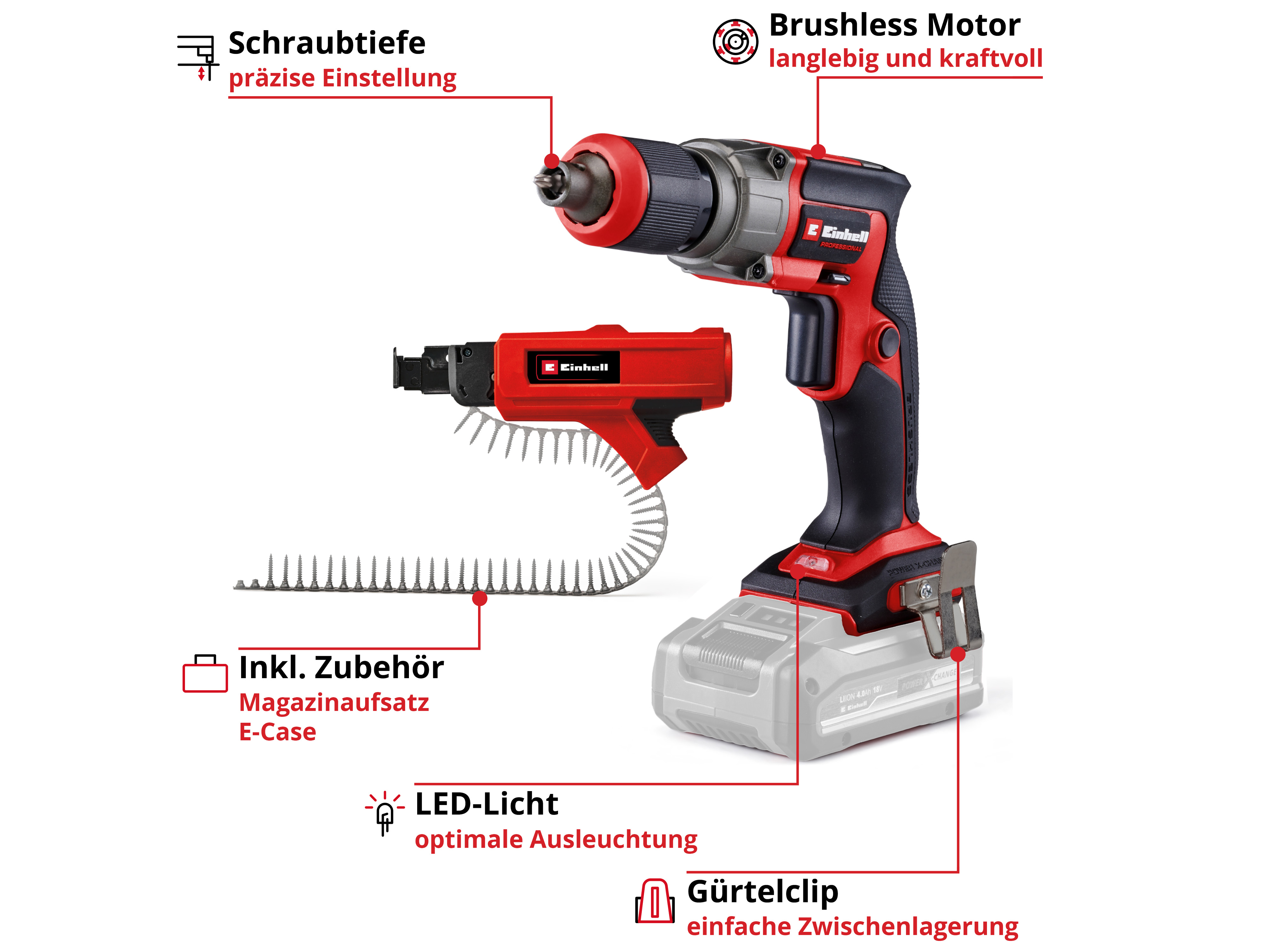 EINHELL PROFESSIONAL Akku-Trockenbauschrauber TP-DY 18 Li BL + Magazin, 4261012, Solo