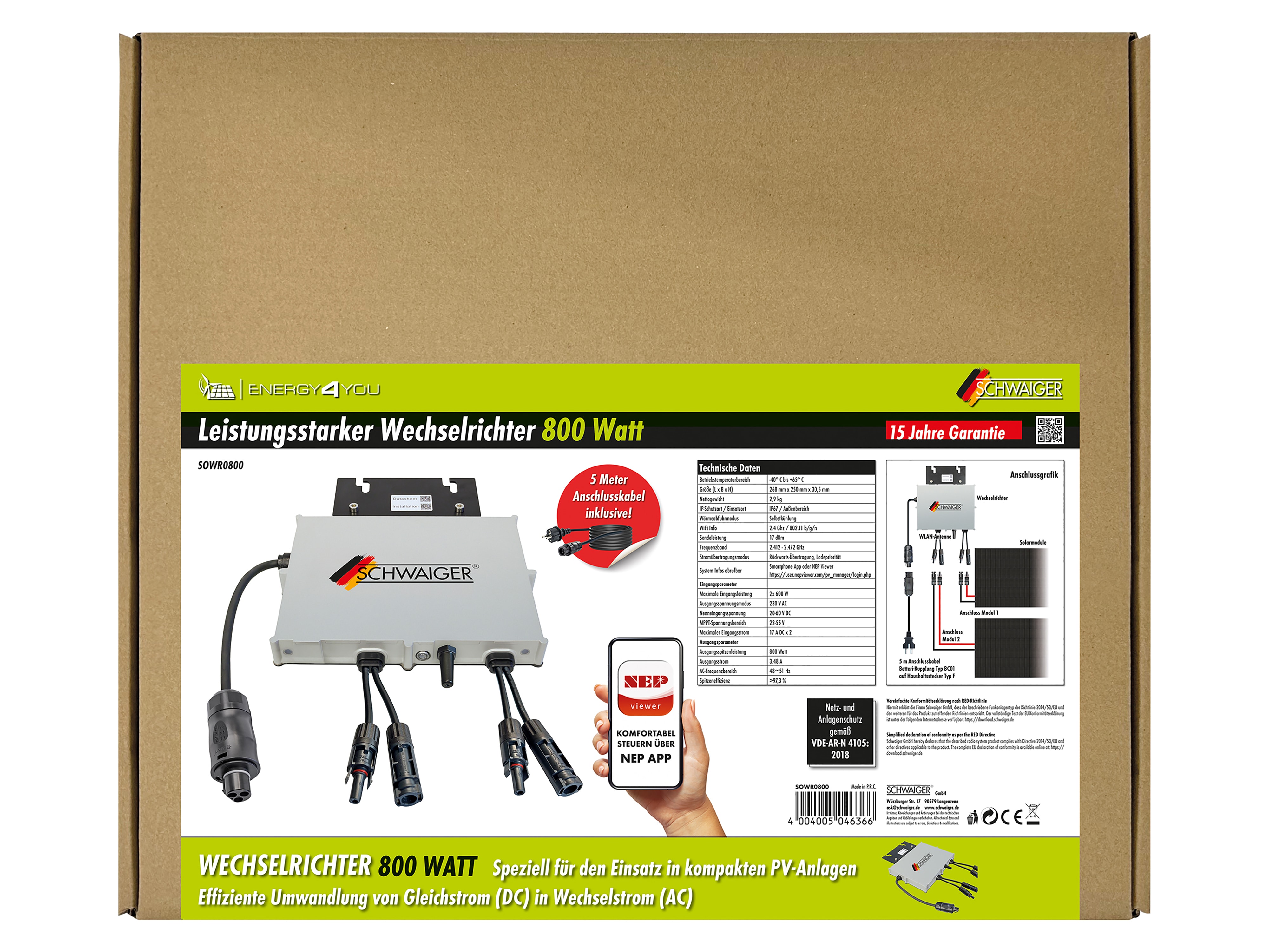 SCHWAIGER Wechselrichter SOWR0800, 800 W, mit 5 m Anschlusskabel