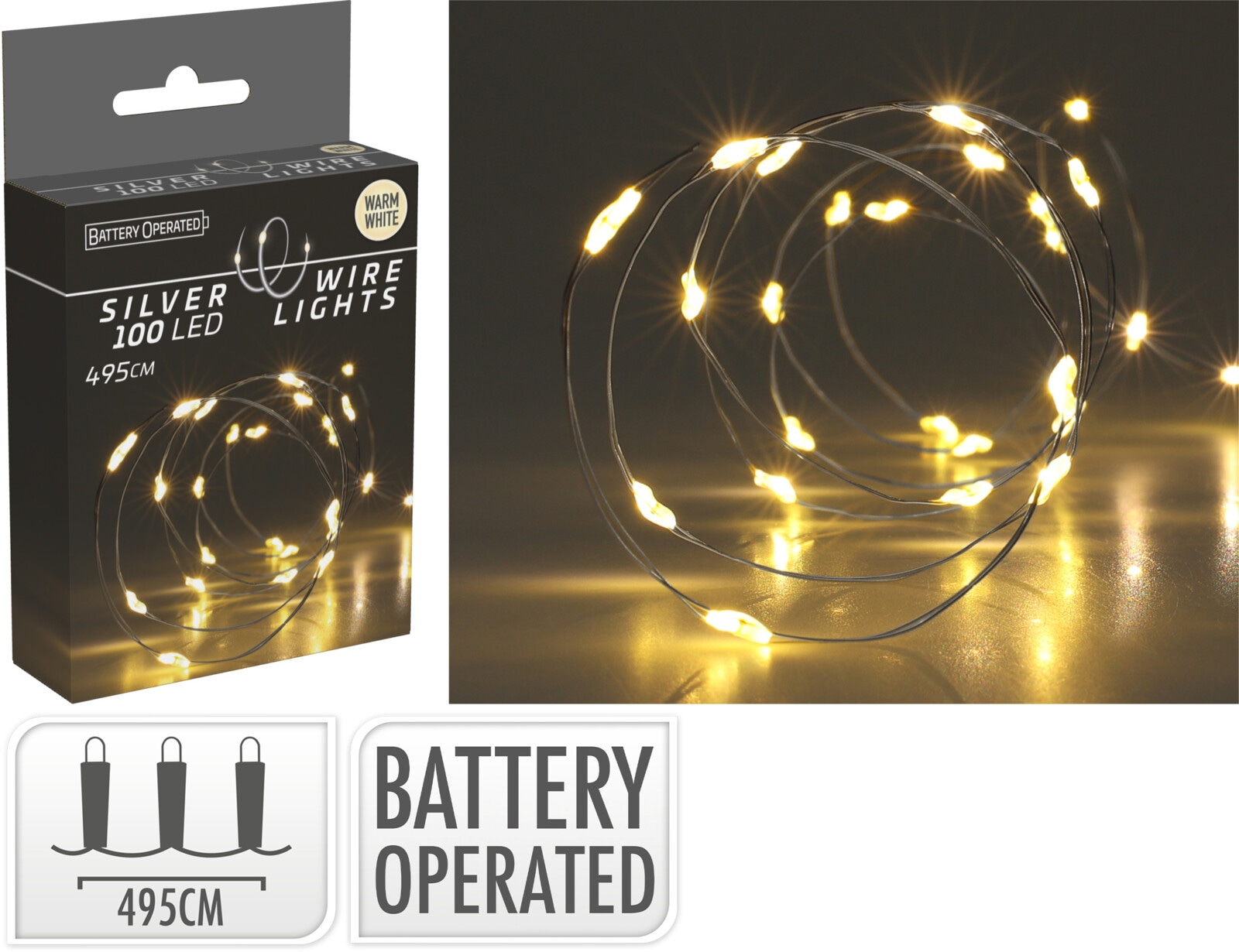 LED-Lichterkette Silberdraht 100 LEDs, warmweiß, Batteriebetrieb