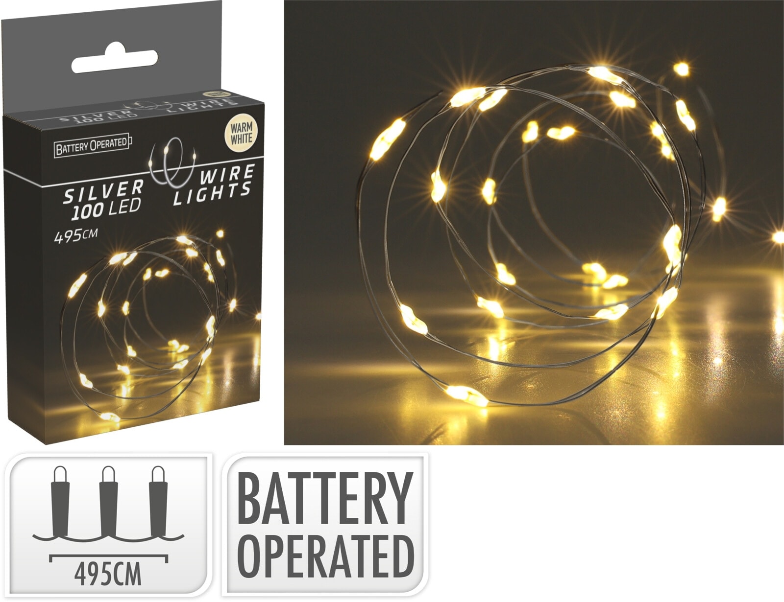 LED-Silberdrahtlichterkette, 100 LEDs, warmweiß, Batterie, Innen, 5 m LED-Lichterkette Silberdraht 100 LEDs, warmweiß, Batteriebetrieb