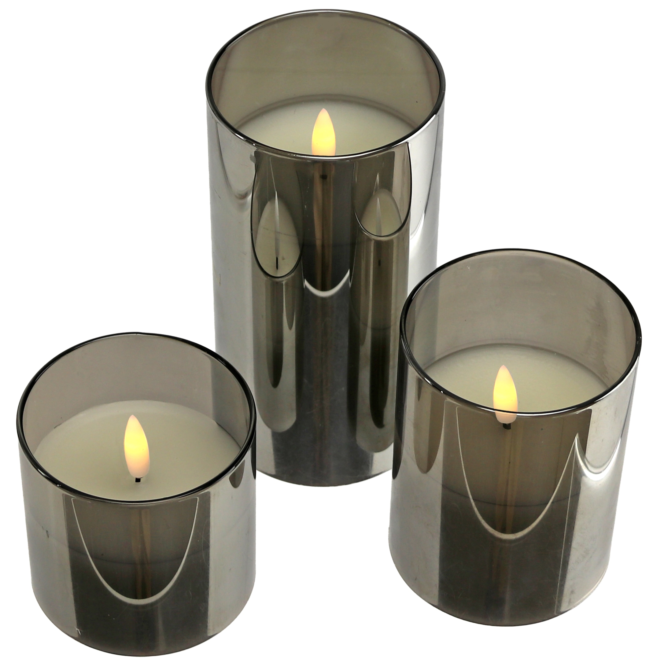 LED-Echtwachskerze, Glas, mit Timer, 3 Stück, grau
