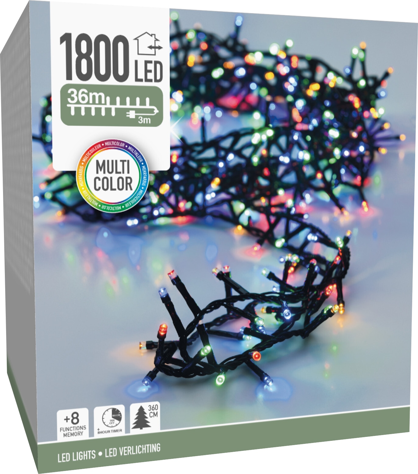 KOOPMAN LED-Clusterlichterkette bunt, 1800 LEDs, Grünes Kabel, Innen/Außen, 33m