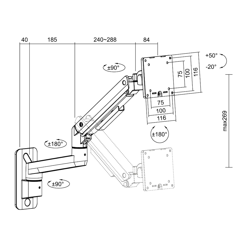 LOGILINK Monitorhalterung BP0169 17-49, Gasdruckfeder, Flat & Curved, Aluminium LOGILINK Monitorhalterung BP0169, 43,2 - 124,5 cm (17" - 49"), Gasdruckfeder, Aluminium