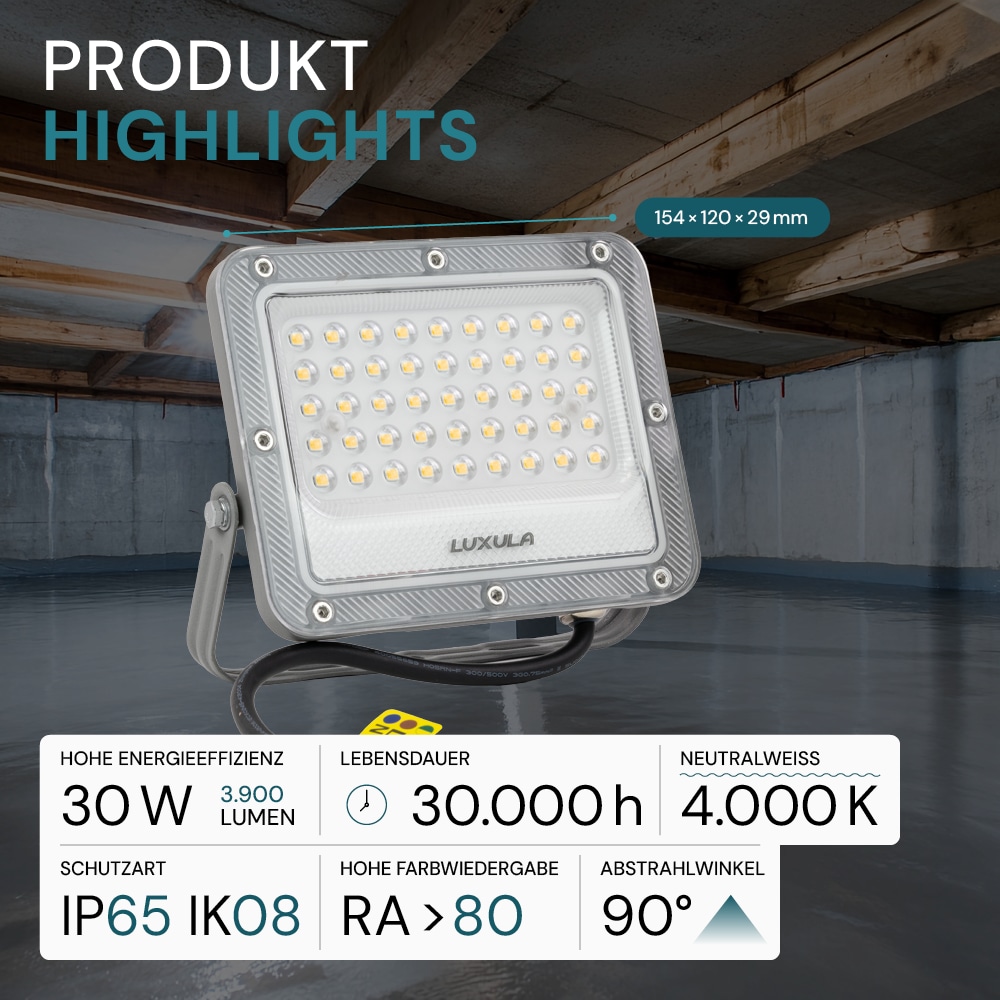 LUXULA LED-Fluter, EEK: E, 30W, 3900lm, 4000K, IP65, grau