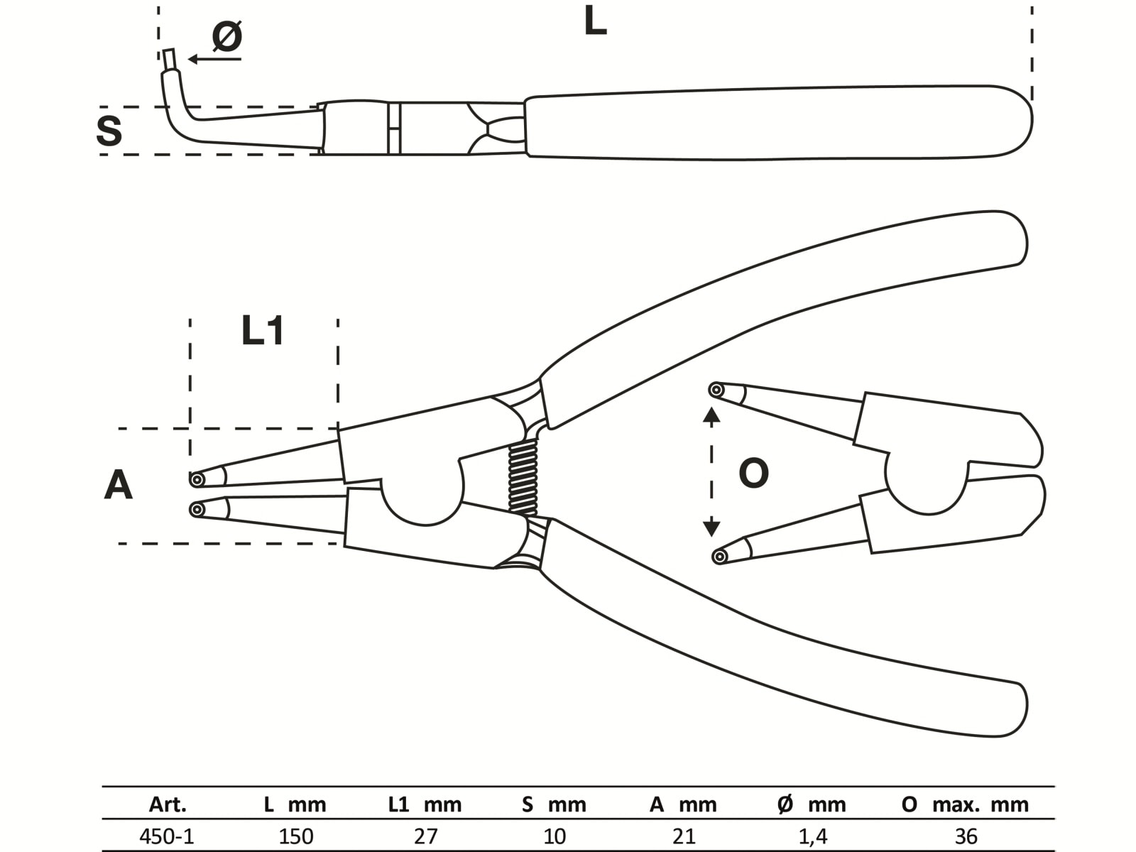 BGS TECHNIC Sprengringzange 450-1, abgewinkelt, 150 mm