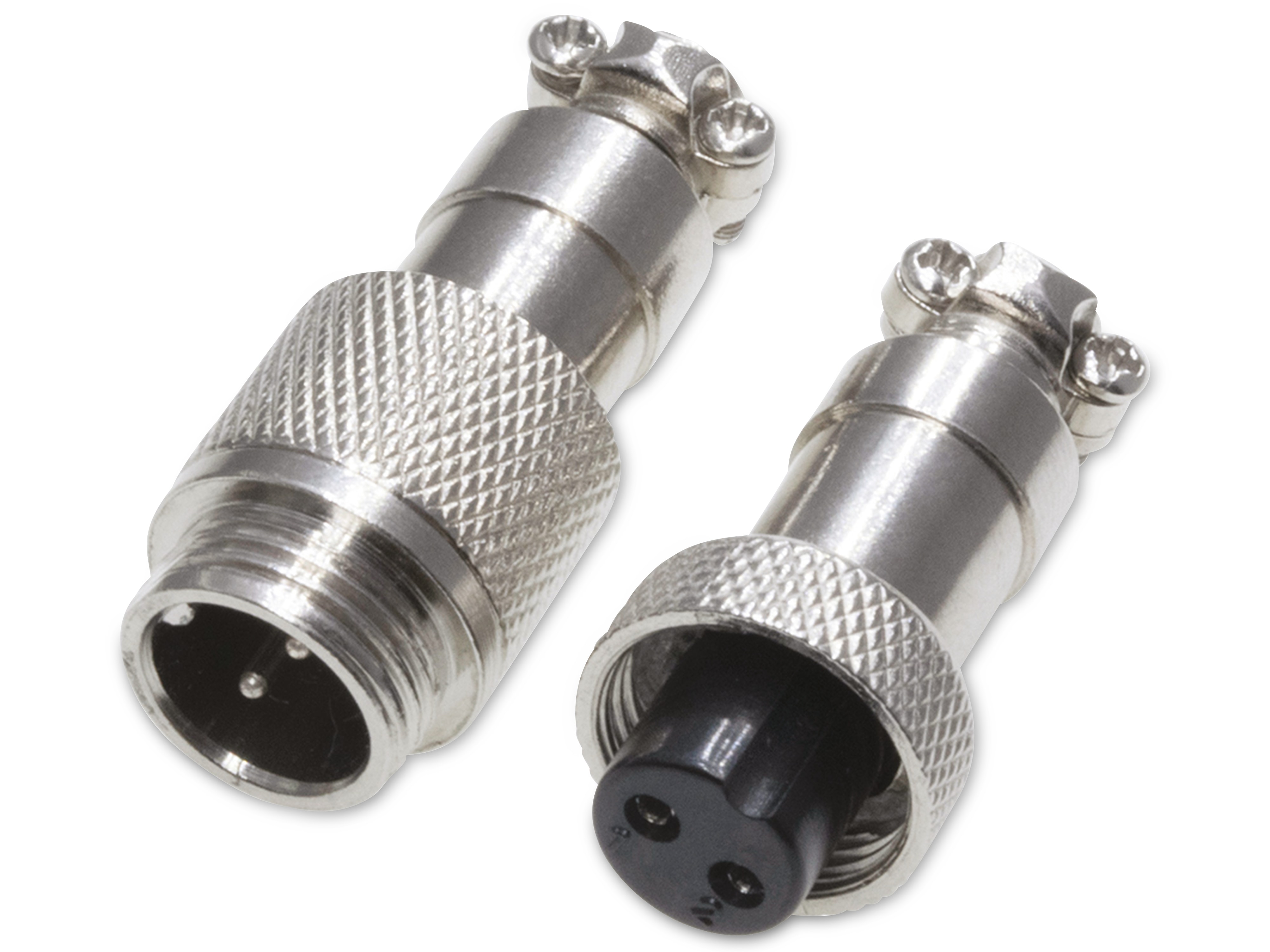 Rundsteckverbinder, 2-polig, 250V, 4A, Lötanschluss, IP55, wire to wire, 1 Stecker + 1 Buchse Rundsteckverbinder, 2-polig, 250V, 4A, Lötanschluss, IP55, wire to wire, 1 Stecker + 1 Buchse