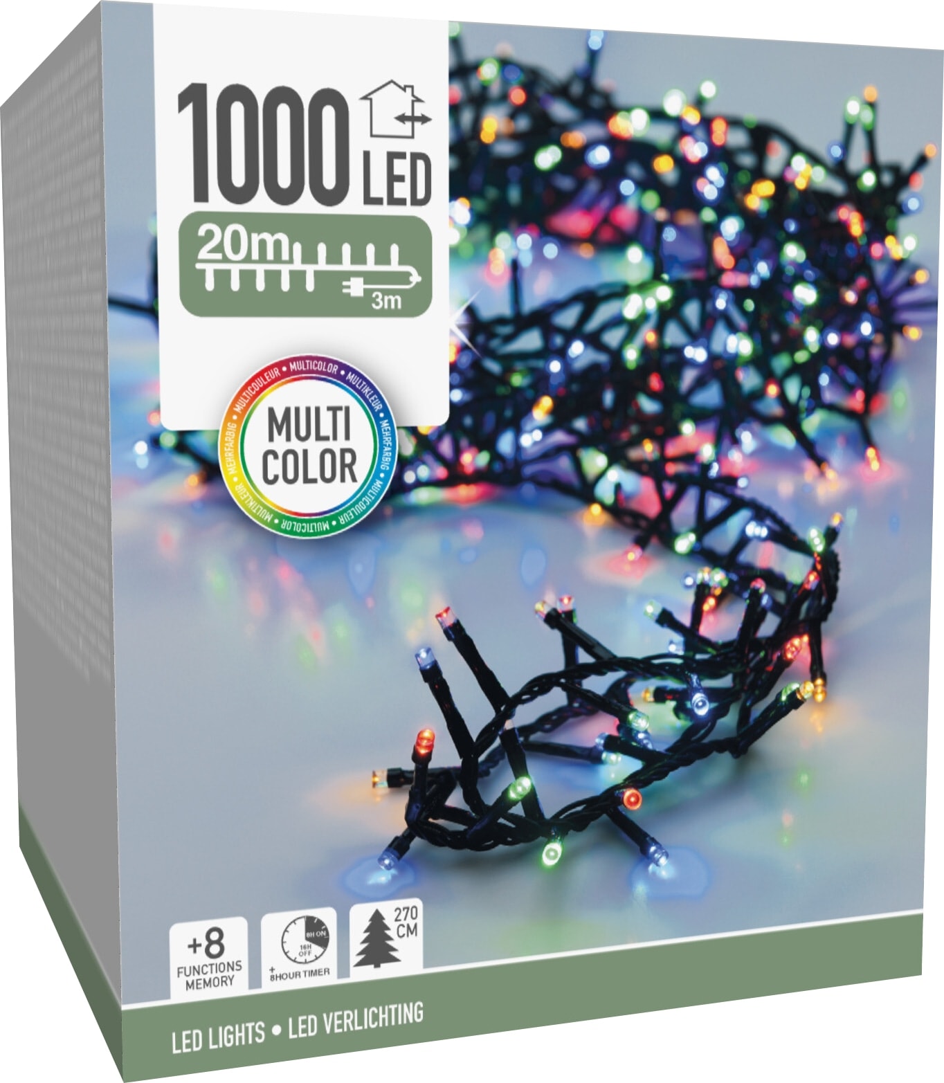 LED-Clusterlichterkette, 1000 LEDs, bunt, 230 V~, grün, Innen/Außen, 23 m, Timer LED-Clusterlichterkette bunt, 1000 LEDs, Grünes Kabel, Innen/Außen, 20m