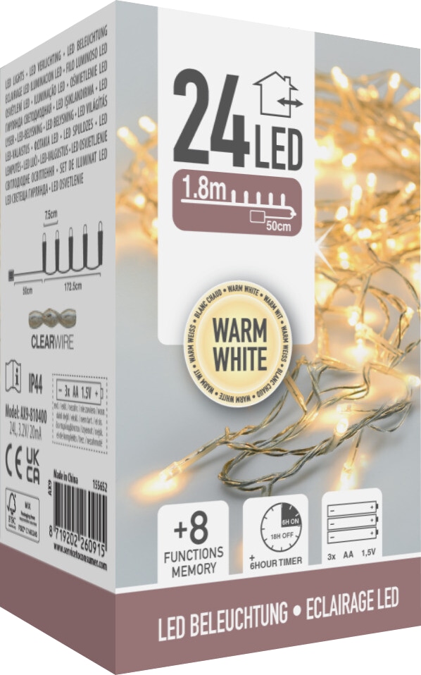KOOPMAN LED-Lichterkette, 24 LEDs, warmweiß, transp. Kabel, Batteriebetrieb, Innen u. Außen, 1,80m