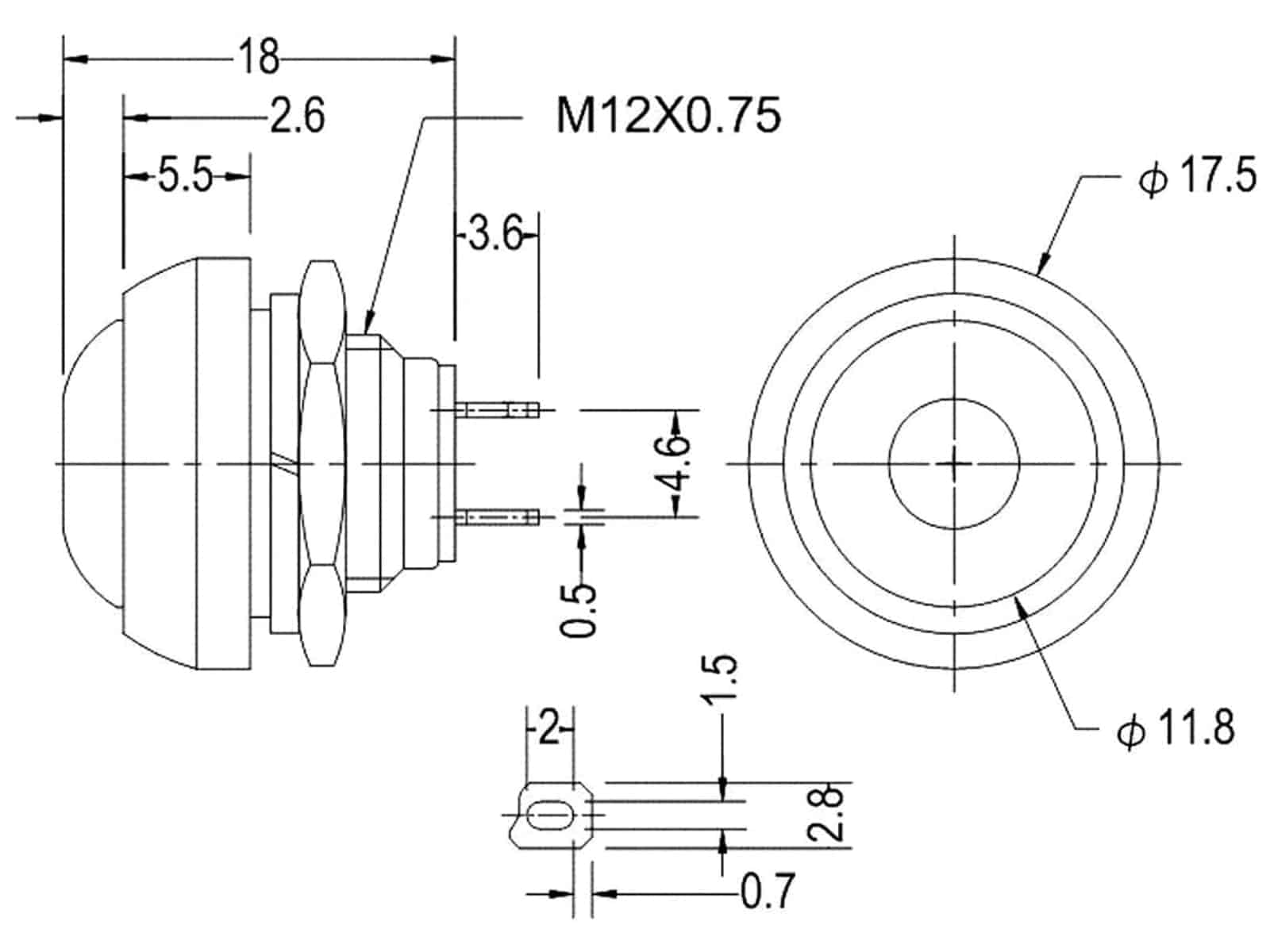 Drucktaster rot Ø 17,5mm, 36V/1A, 1-polig, Schließer, Lötanschluss Drucktaster rot Ø 17,5mm, 36V/1A, 1-polig, Schließer, Lötanschluss