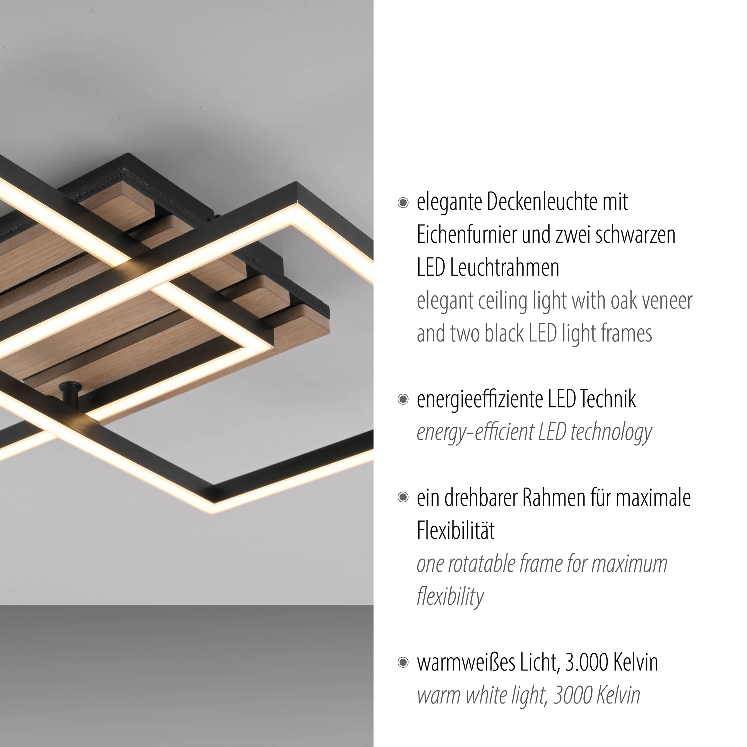 JUST LIGHT LED-Deckenleuchte 14053-79, 15W, 3000K, 2200lm, warmweiß, IP20, Holz/schwarz