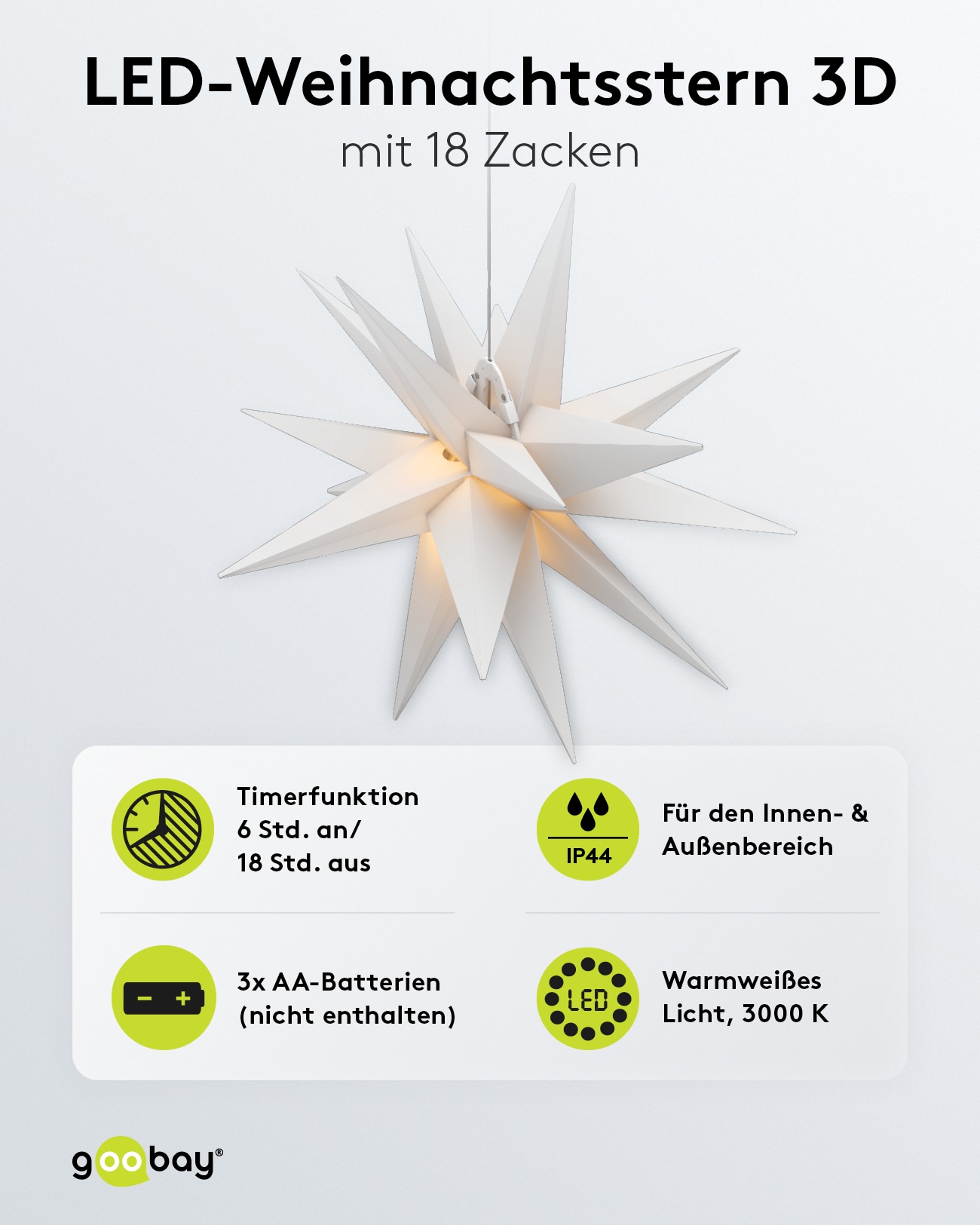 GOOBAY LED-Stern, 18 Zacken, 56cm, Outdoor, Timerfunktion, Batteriebetrieben GOOBAY LED-Stern, 18 Zacken, 56cm, Outdoor, Timerfunktion, Batteriebetrieben