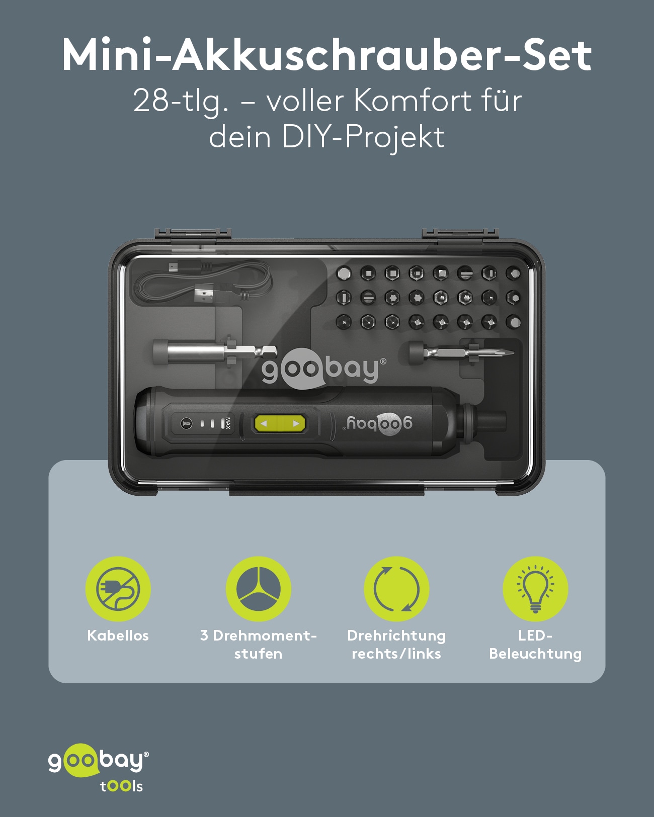 GOOBAY TOOLS Mini-Akkuschrauber-Set, 77816, 28-teilig