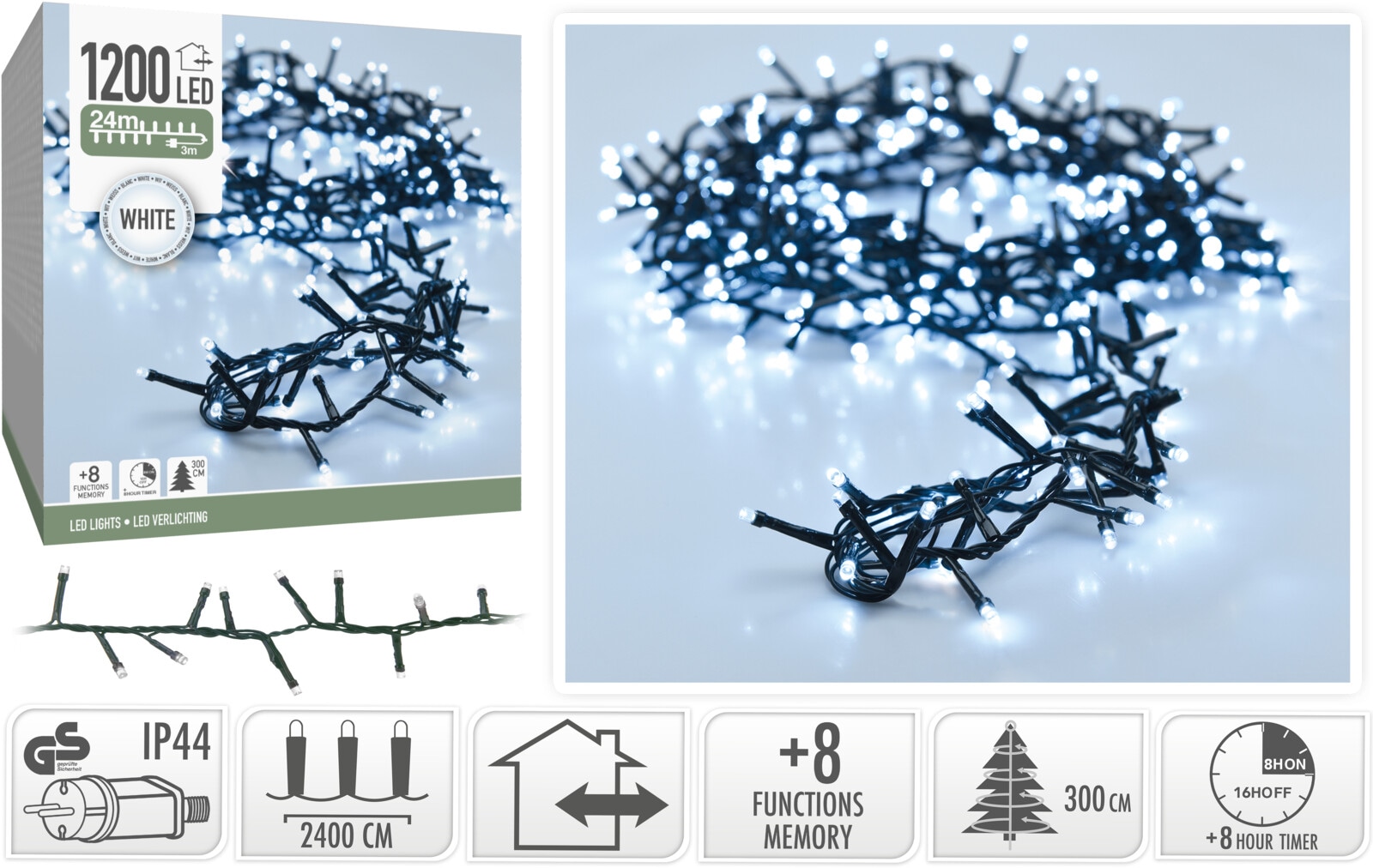 KOOPMAN LED-Clusterlichterkette kaltweiß, 1200 LEDs, grünes Kabel, Innen/Außen, 27m