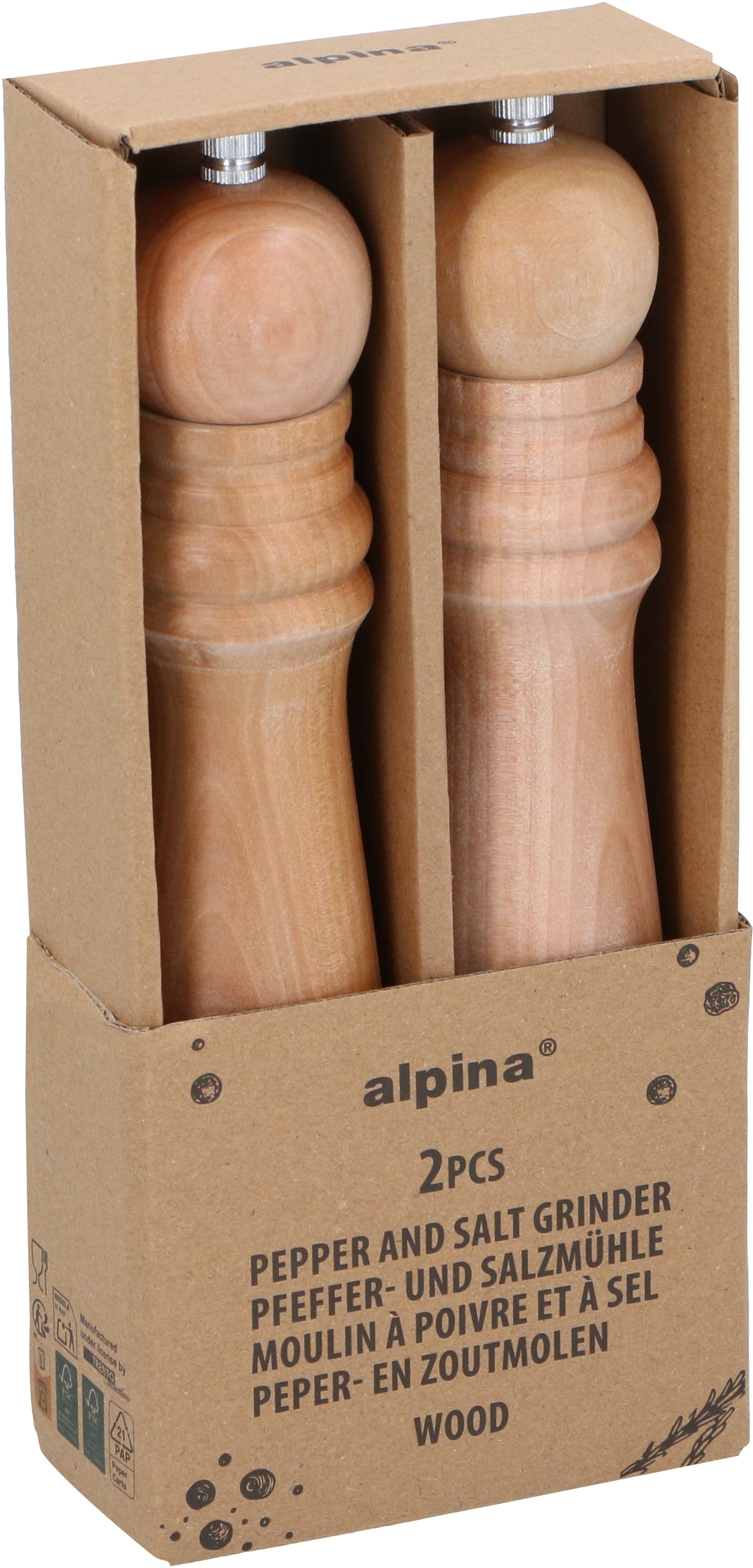 ALPINA Pfeffer- und Salzmühle Wood, verstellbares Mahlwerk, 25 cm hoch