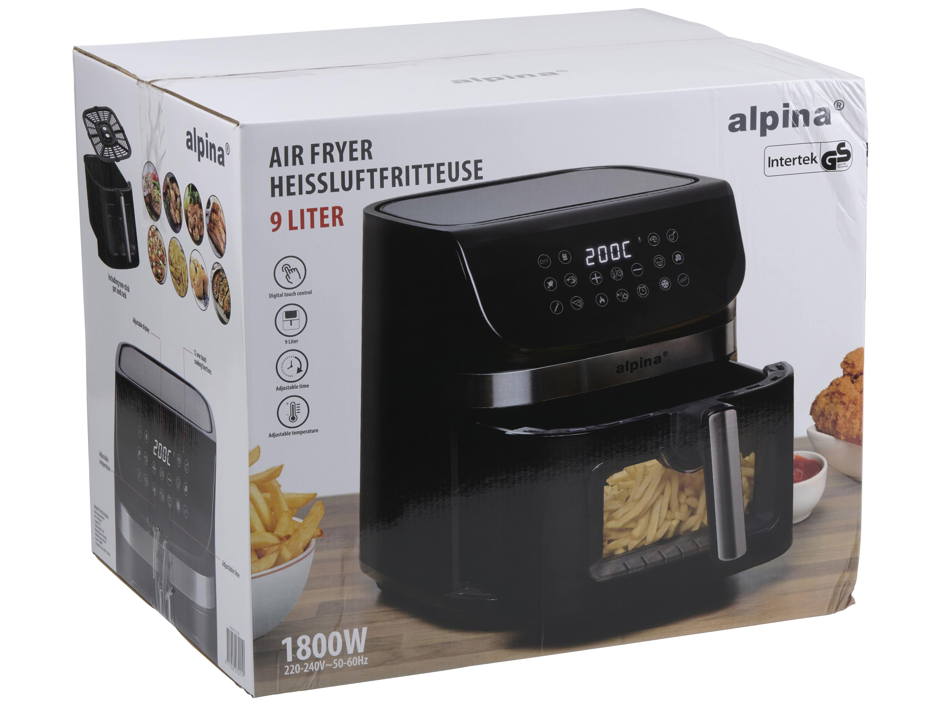 ALPINA Heißluftfritteuse XXL, 9L, 1800W, Timer, 80...200°C, Digitalanzeige