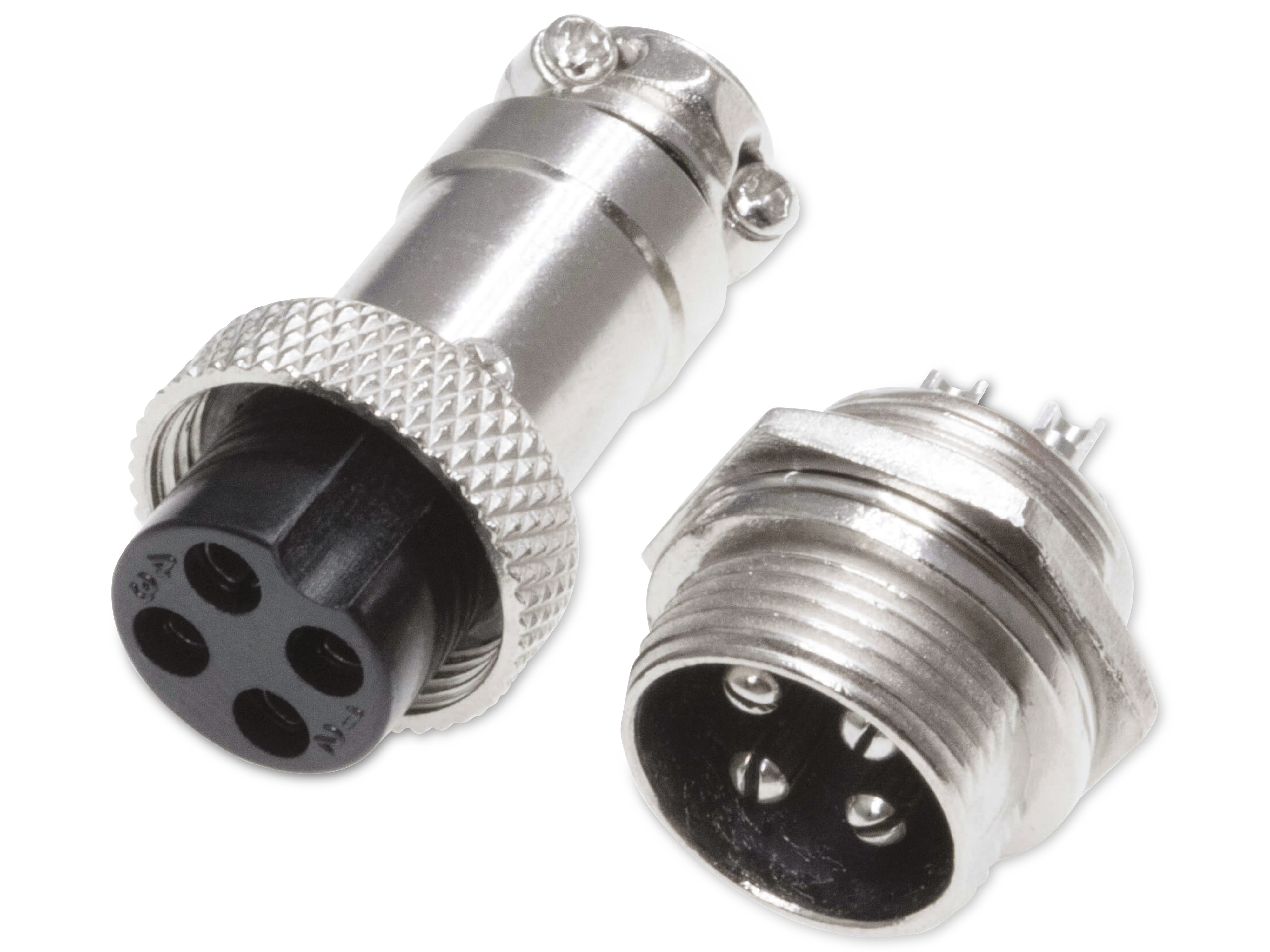 Rundsteckverbinder, 4-polig, 60V, 7A, Lötanschluss, IP55, wire to panel, 1 Stecker + 1 Buchse Rundsteckverbinder, 4-polig, 60V, 7A, Lötanschluss, IP55, wire to panel, 1 Stecker + 1 Buchse