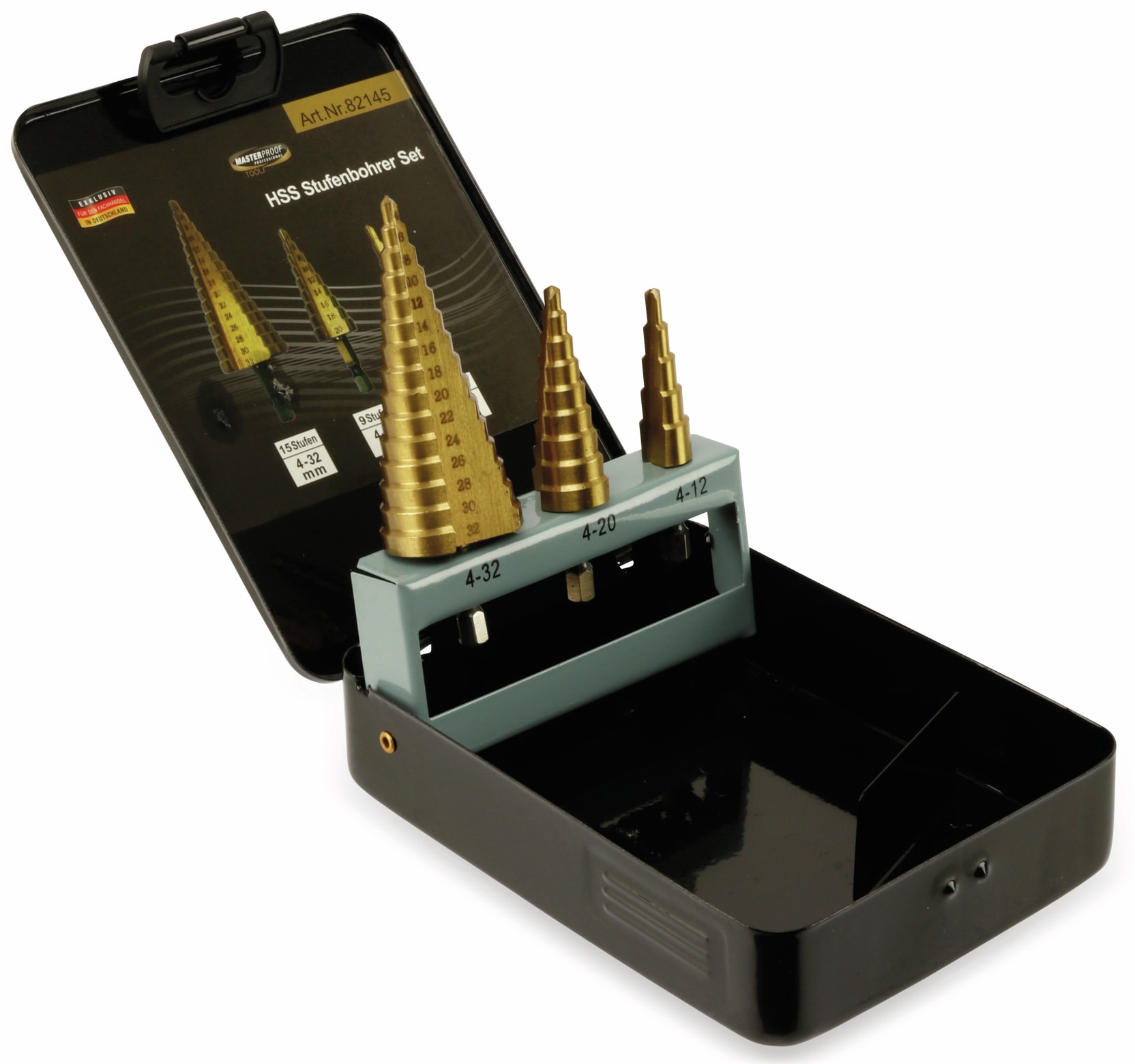 MASTERPROOF Stufenbohrer Satz 3 teilig, in Metallbox MASTERPROOF Stufenbohrer Satz 3 teilig, in Metallbox