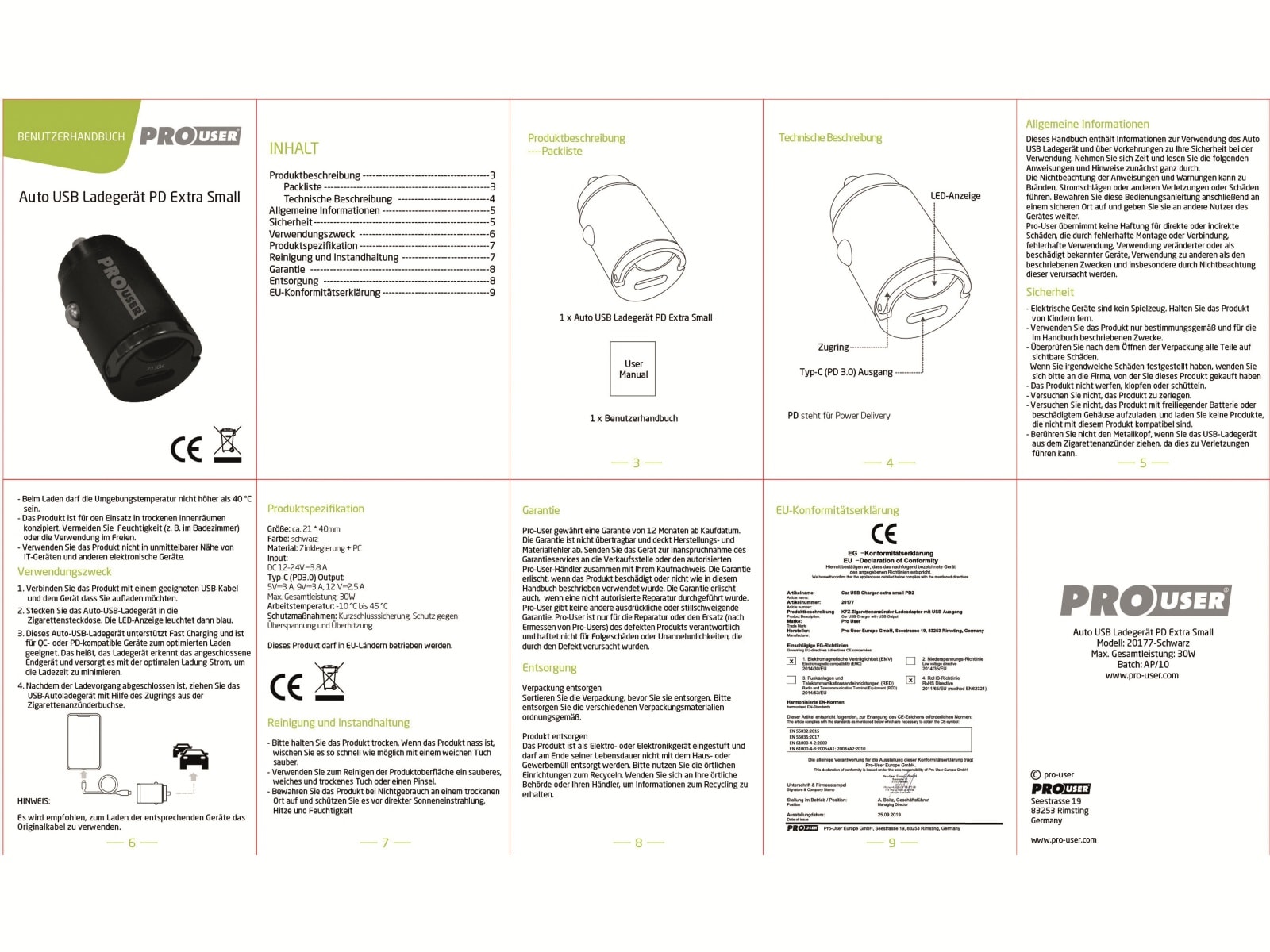 PROUSER Mini KFZ USB-Lader PD2, 30 W, USB-C