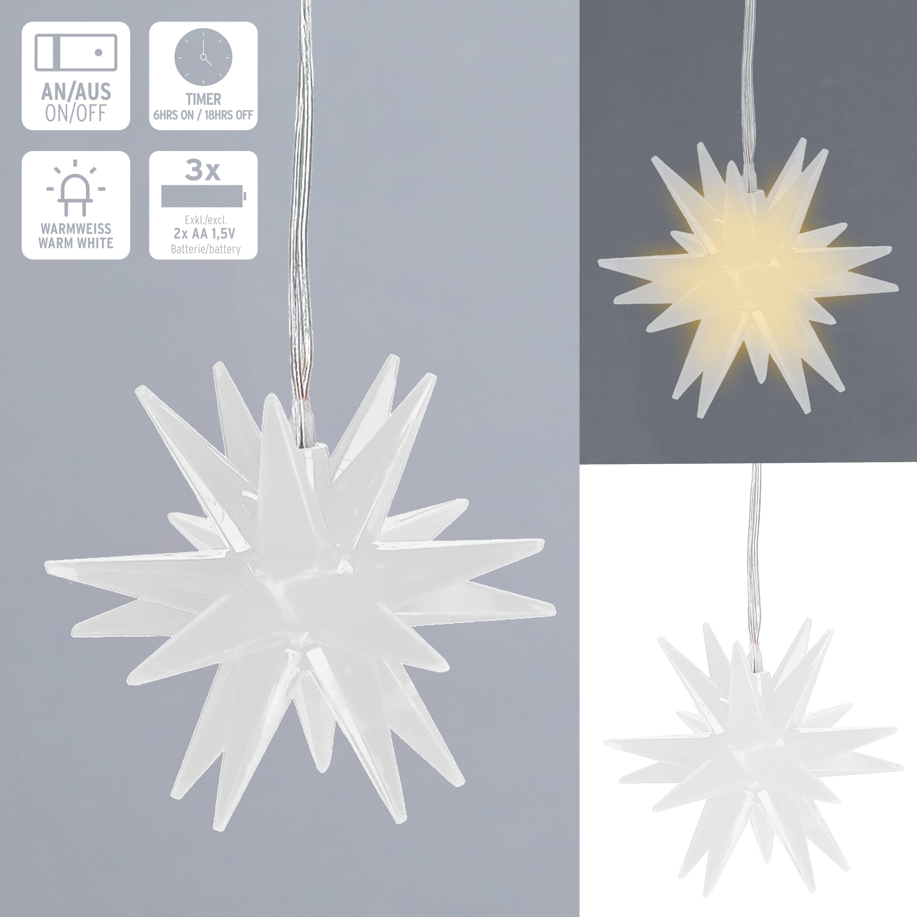 LED-Stern, 8 cm, warmweiß, mit Timer, weiß LED-Stern, 8 cm, warmweiß, mit Timer, weiß